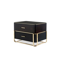 Waltz Nightstand in Brass, Wood, Glass and Black Leather