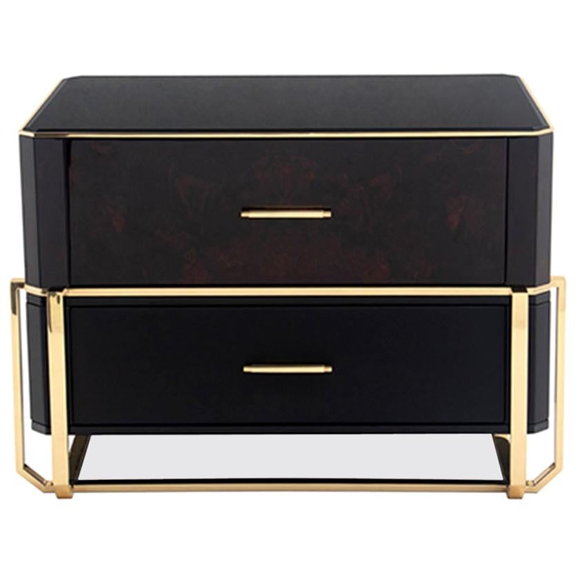 Waltz Nightstand in Brass, Wood, Glass and Black Leather For Sale