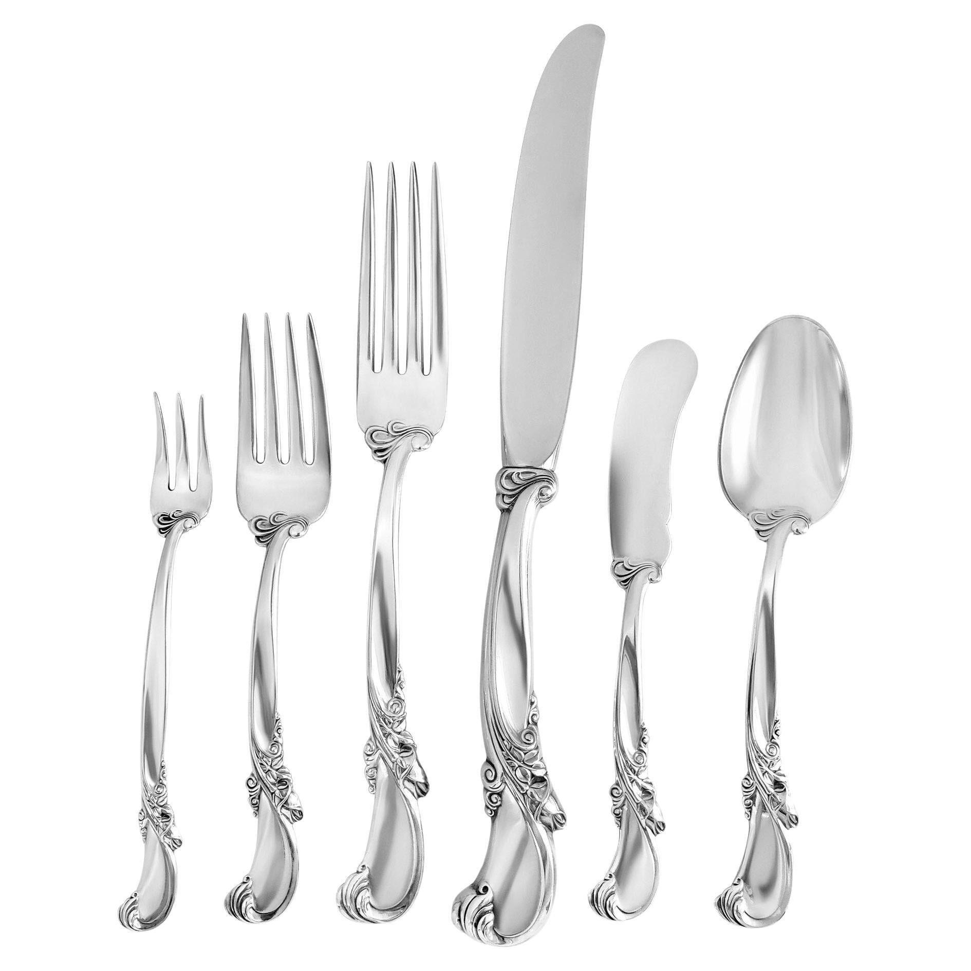 "Waltz of Spring" Sterling Silver Flatware Set Patented by Wallace in 1952-6 For Sale