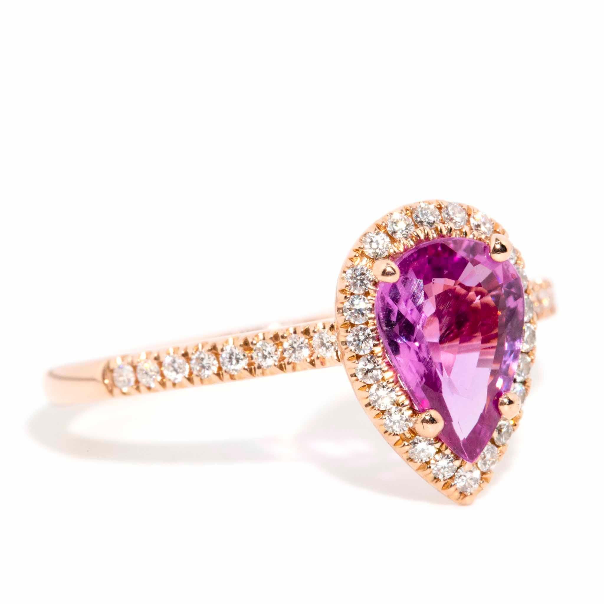 Contemporary Wanda 1.21 Carat Purple Pink Pear Cut Sapphire & Diamond Ring 14 Carat Rose Gold For Sale