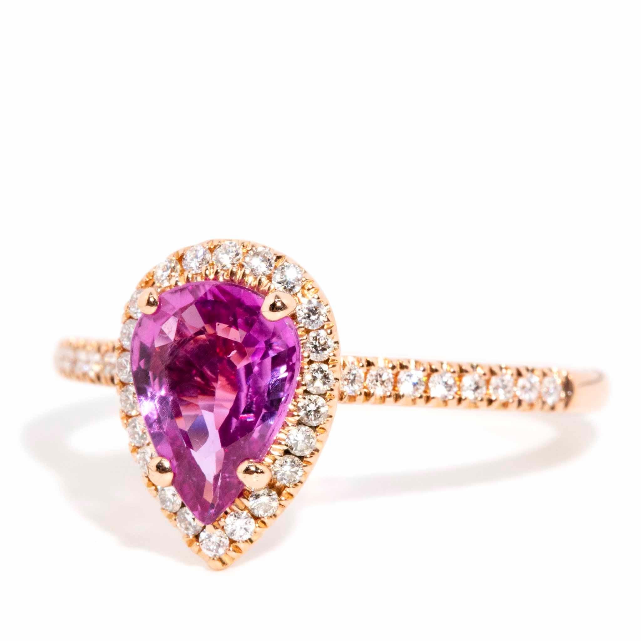 Wanda 1.21 Carat Purple Pink Pear Cut Sapphire & Diamond Ring 14 Carat Rose Gold In Good Condition For Sale In Hamilton, AU