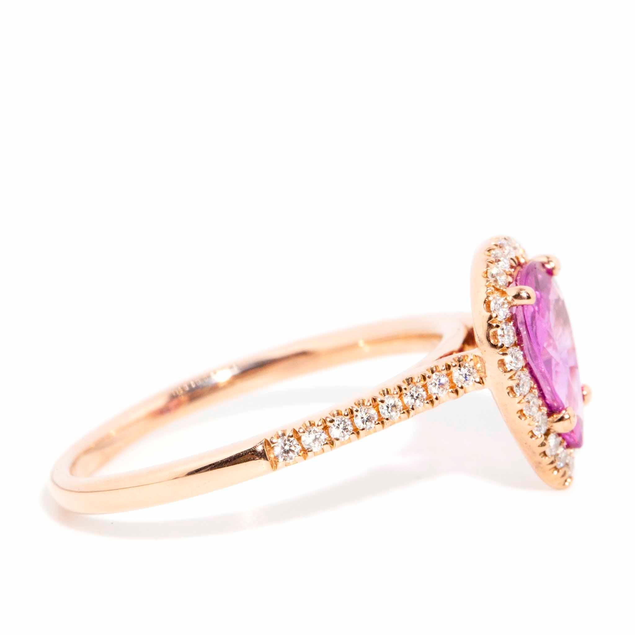 Wanda 1.21 Carat Purple Pink Pear Cut Sapphire & Diamond Ring 14 Carat Rose Gold For Sale 1