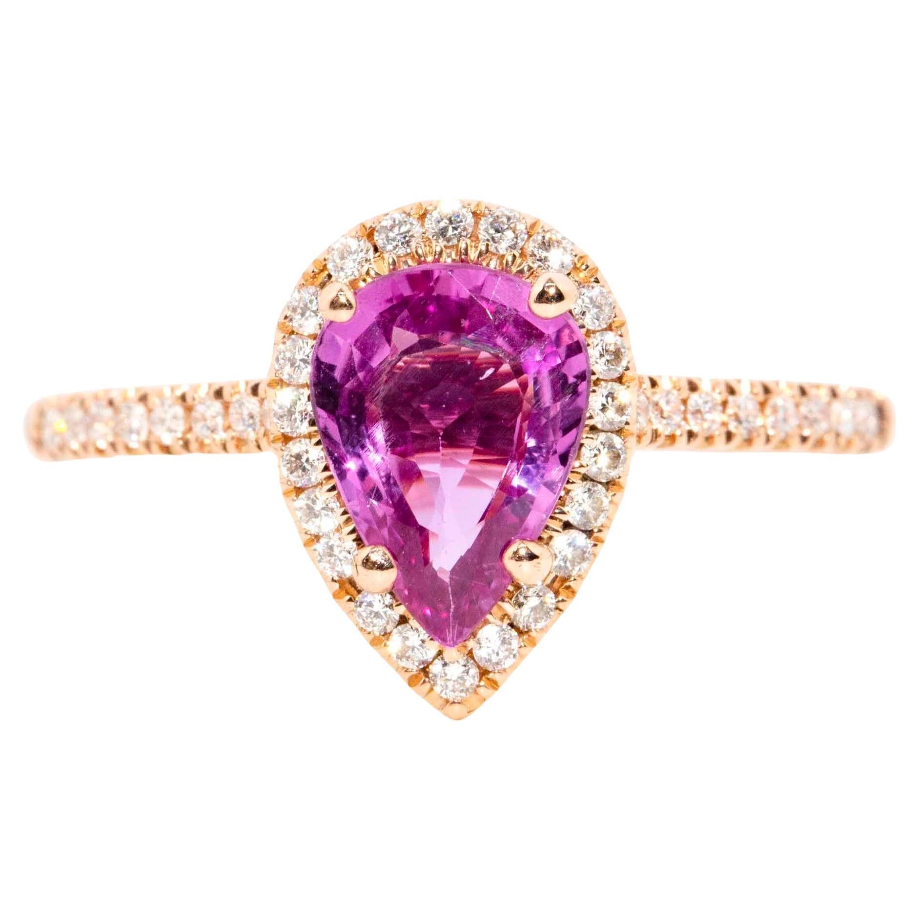Wanda 1.21 Carat Purple Pink Pear Cut Sapphire & Diamond Ring 14 Carat Rose Gold For Sale