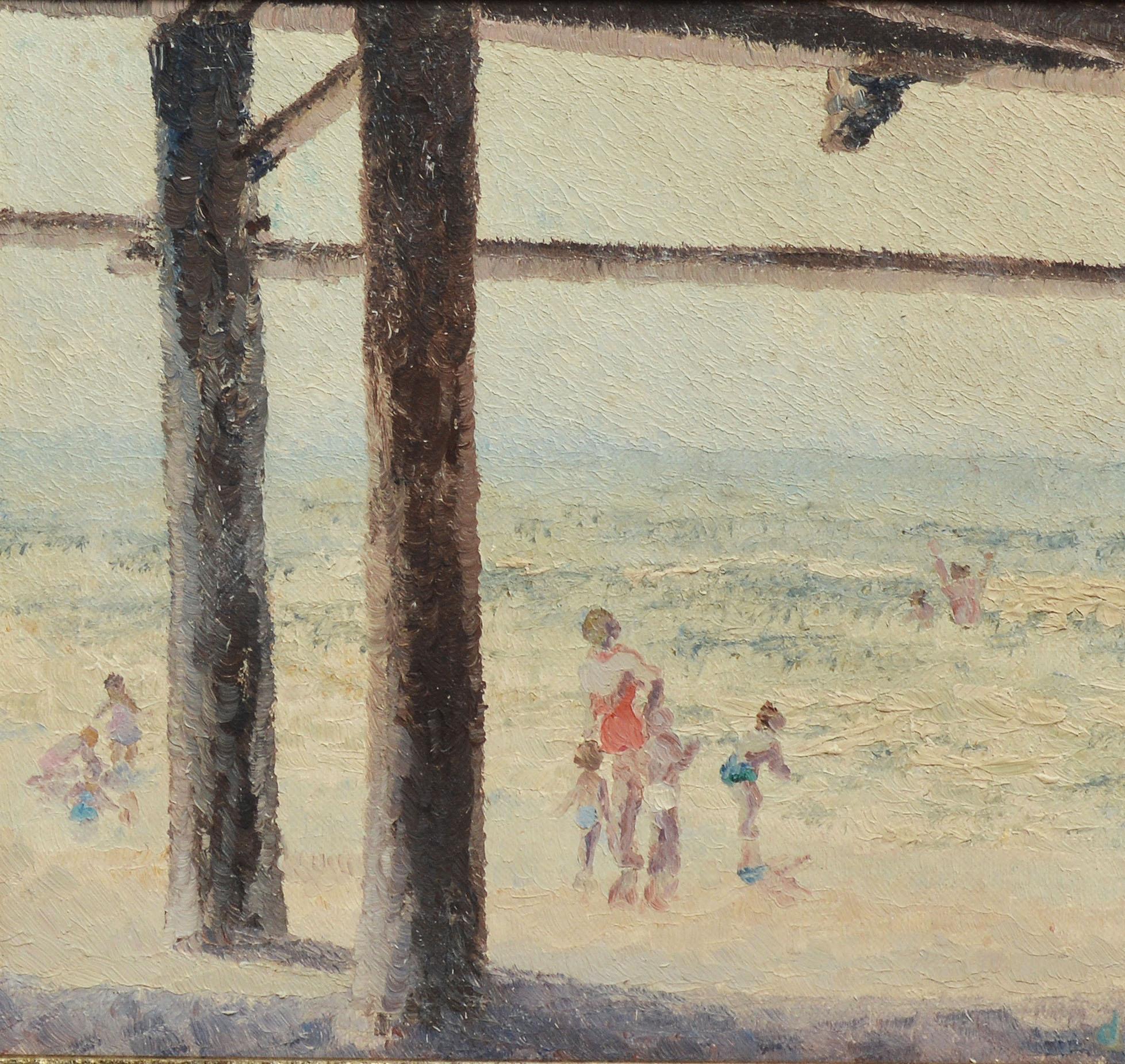 Impressionist view of Summer Day at Crystal Pier at Pacific Beach California by Wanda de Turczynowicz.  Oil on board, circa 1935.  Signed lower right.  Displayed in a silver wood frame.  Image size, 12