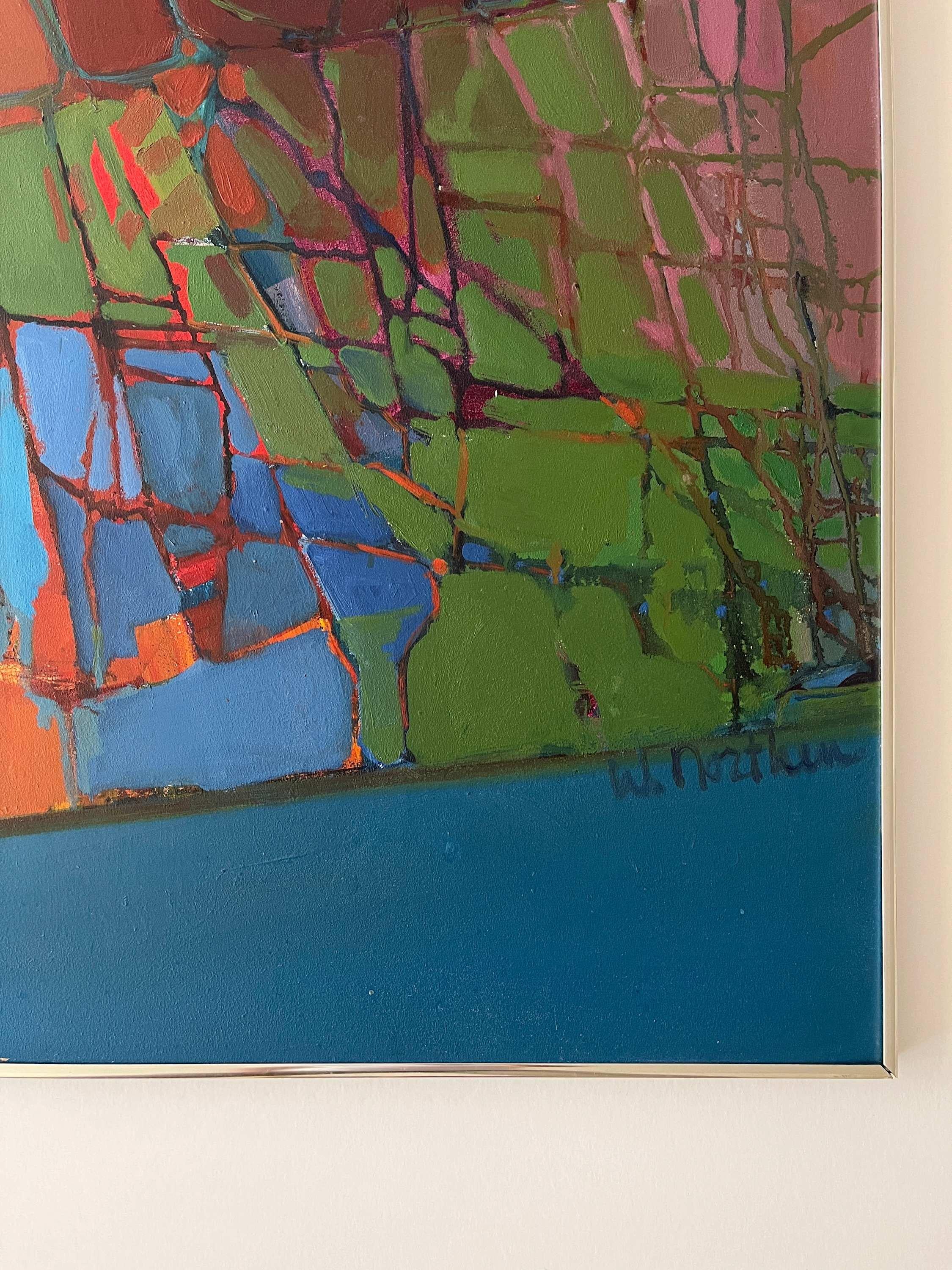 Pittura astratta blu della metà del XX secolo Olio su tavola - Painting Astratto di Wanda Northern