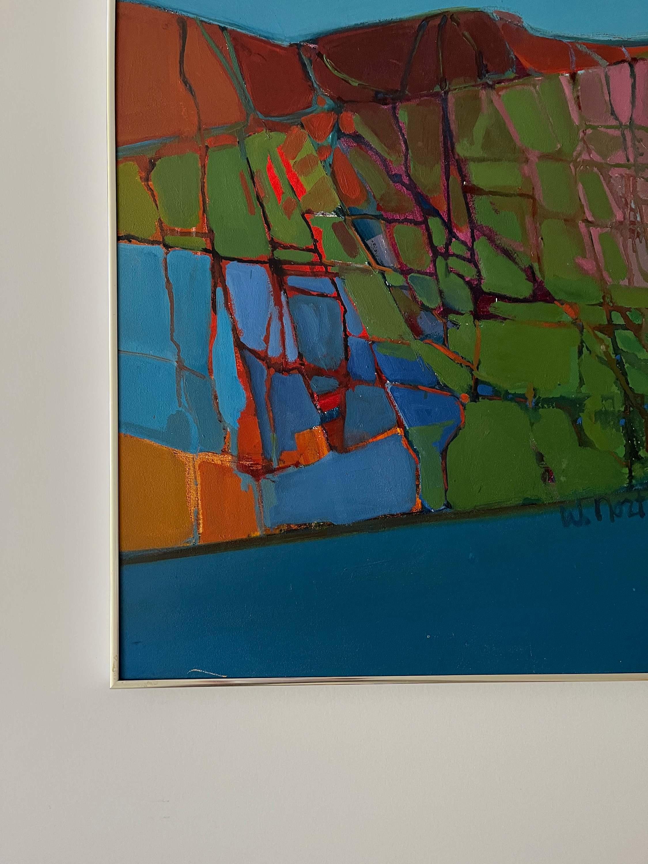 Pittura astratta blu della metà del XX secolo Olio su tavola in vendita 2