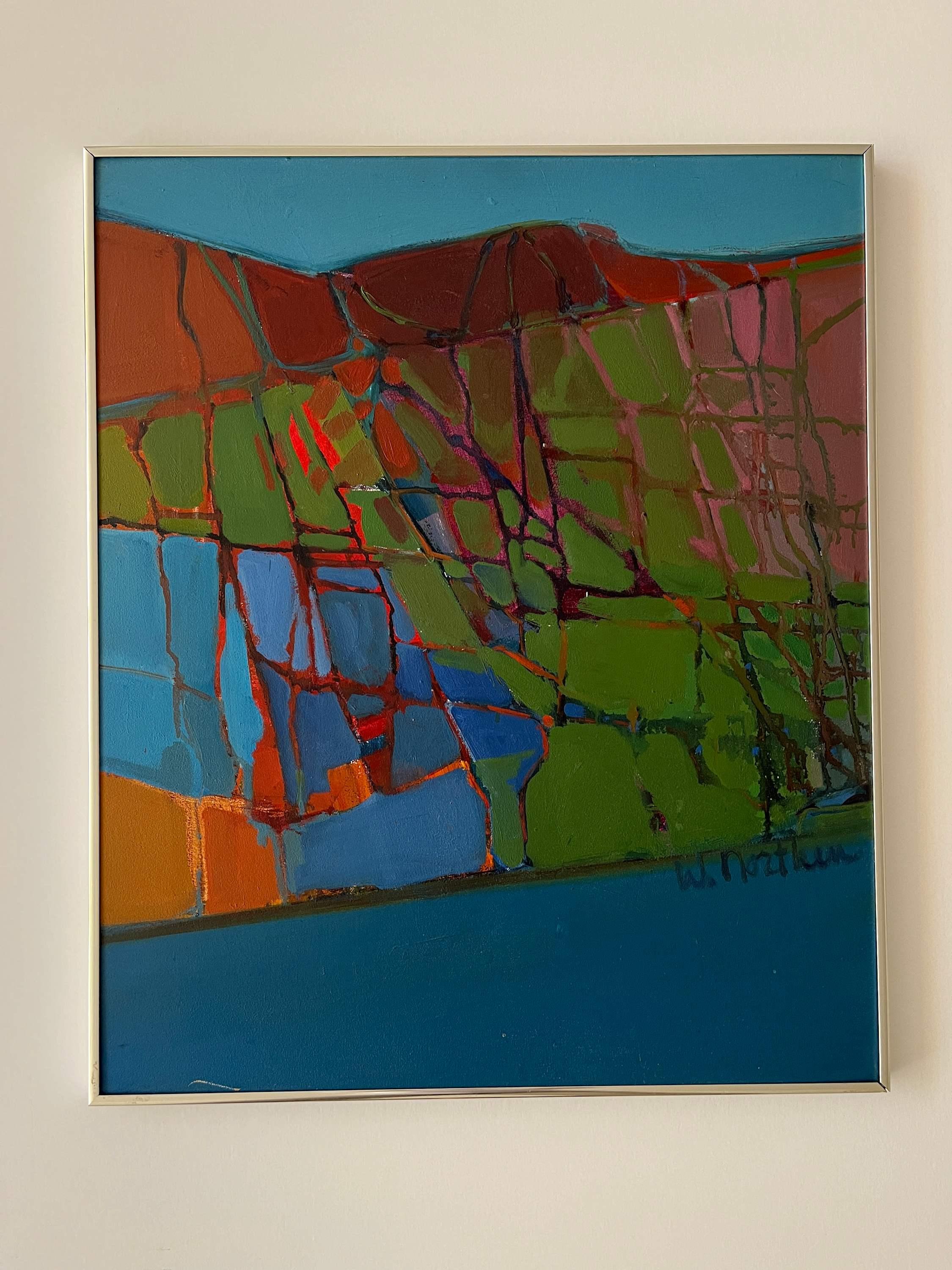 Pittura astratta blu della metà del XX secolo Olio su tavola - Painting di Wanda Northern