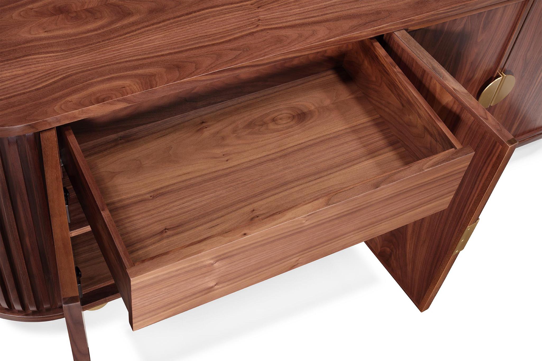 Portuguese Wanda Sideboard: Elegance in Curved Walnut and Brass Accents For Sale