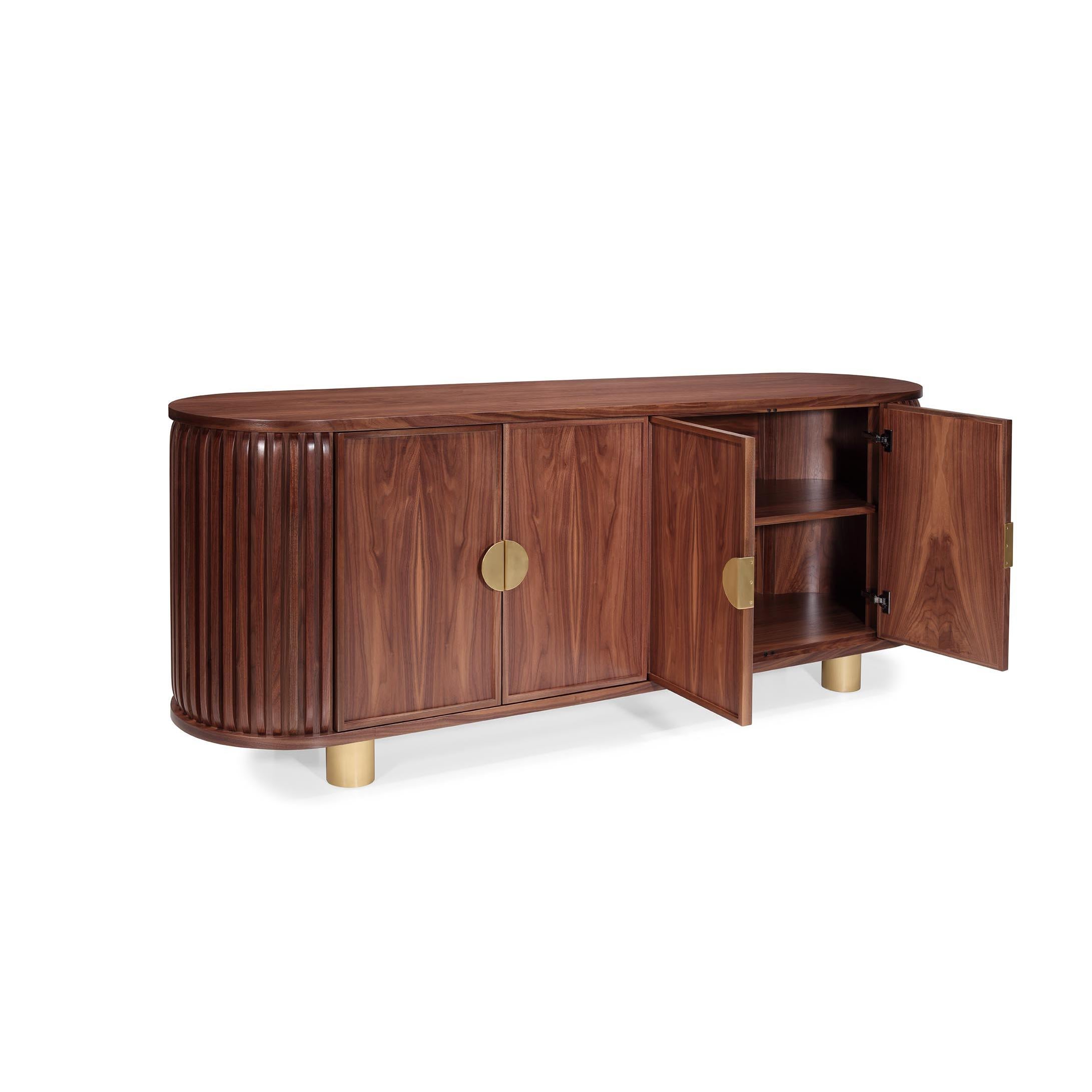 Contemporary Wanda Sideboard: Elegance in Curved Walnut and Brass Accents For Sale