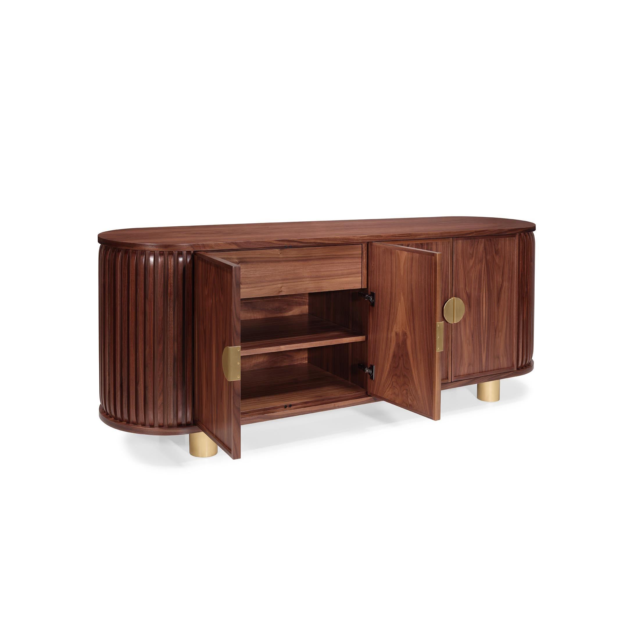 Wanda Sideboard: Elegance in Curved Walnut and Brass Accents For Sale 1