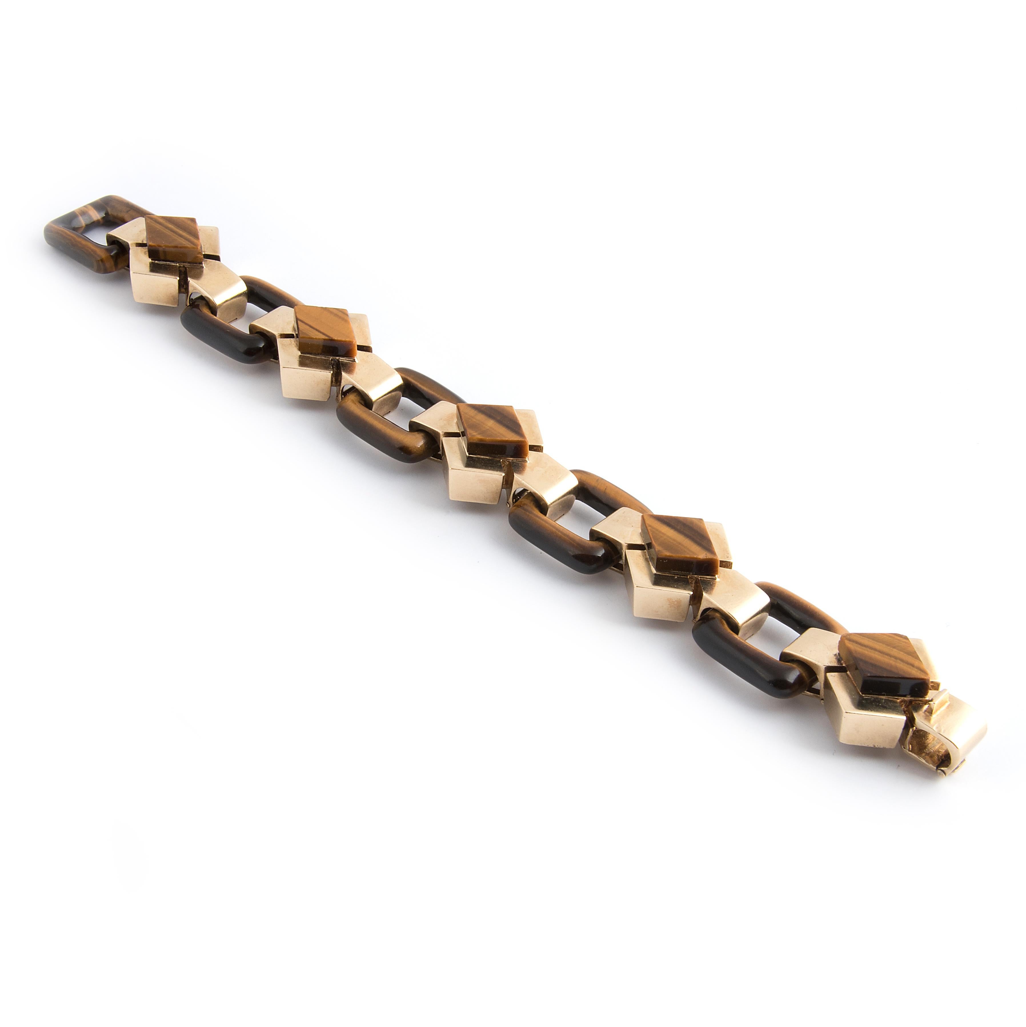 Wander 18k Yellow Gold and Tiger's Eye Link Bracelet In Good Condition For Sale In London, GB