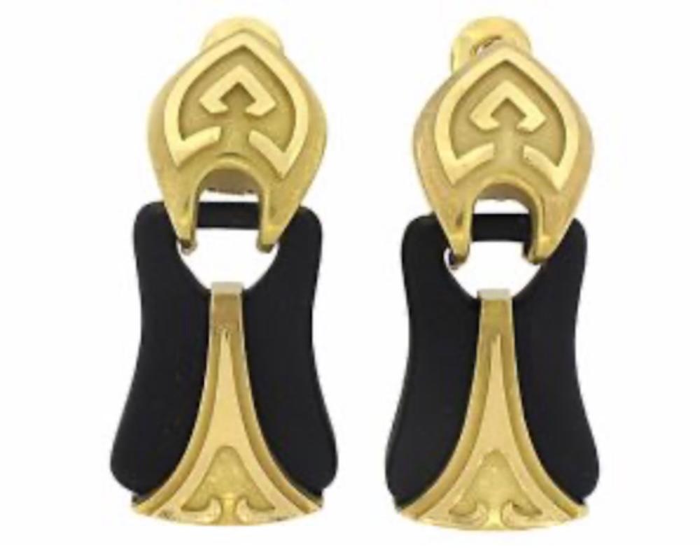 Pendientes con Clip Deco de Oro Amarillo de 18 K y Piedra Dura Negra de Beladora en venta 1