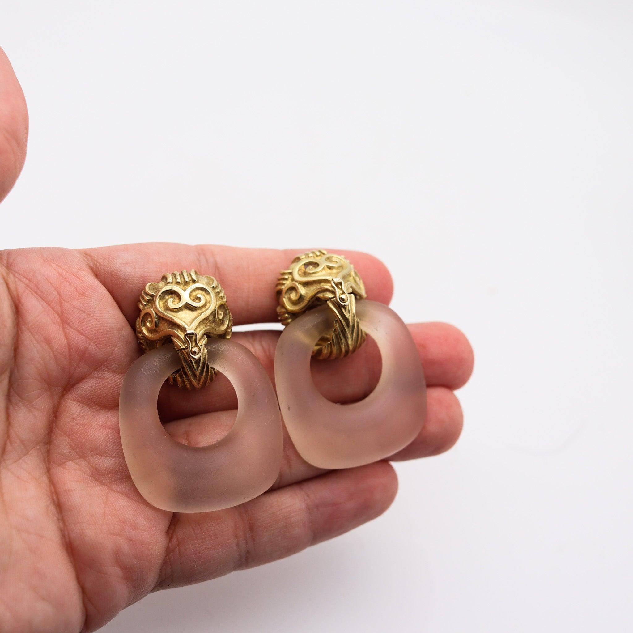 Moderniste WANDER-FRANCE 1960 Boucles d'oreilles pendantes Doorknockers en or 18Kt et quartz rocheux en vente