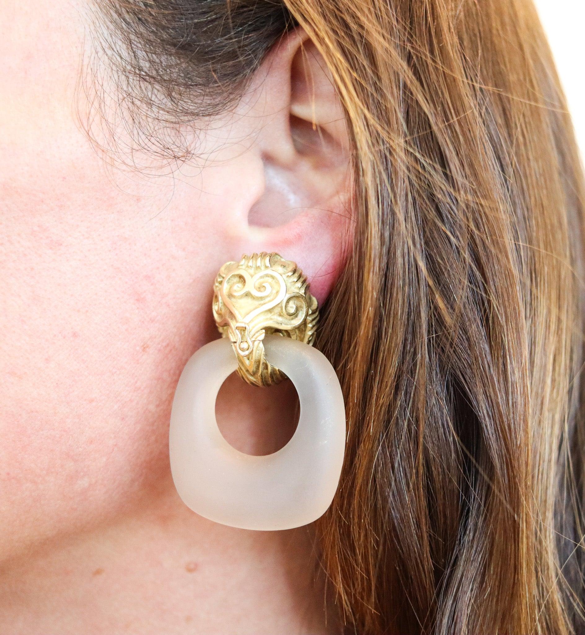 WANDER-FRANCE 1960 Boucles d'oreilles pendantes Doorknockers en or 18Kt et quartz rocheux en vente 3