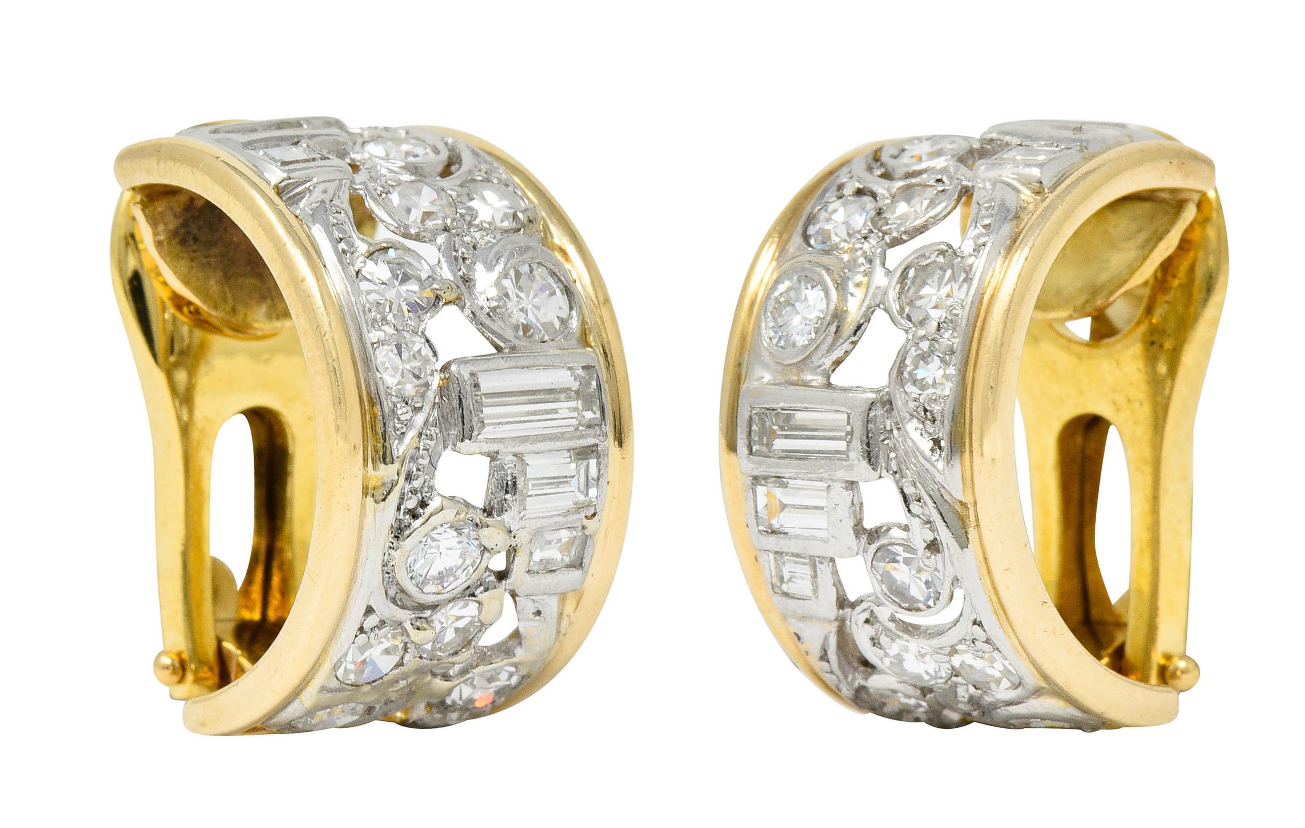 Wander France 2.00 Carat Diamond Platinum 18 Karat Gold J Hoop Earrings In Excellent Condition In Philadelphia, PA
