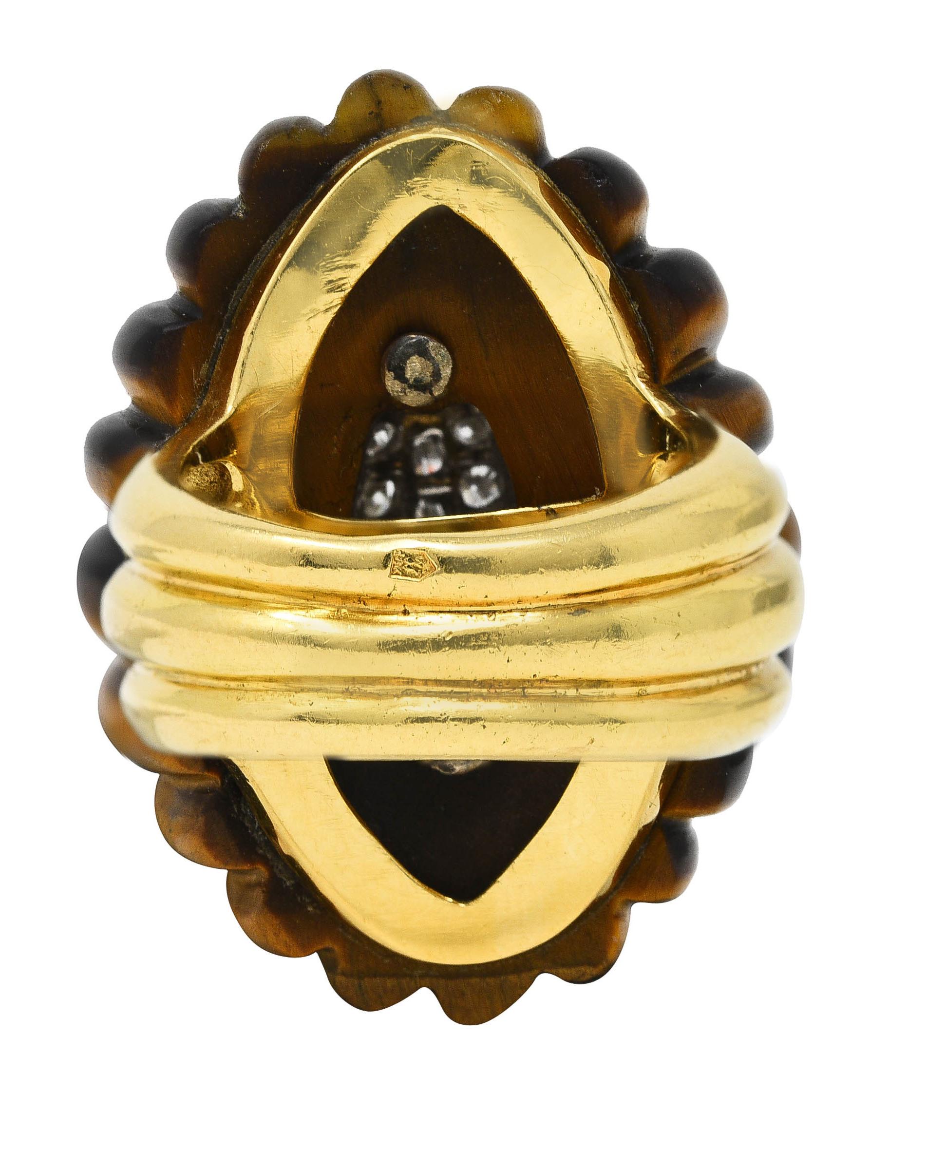 Oval Cut Wander France Diamond Tiger's Eye 18 Karat Two-Tone Gold Vintage Statement Ring