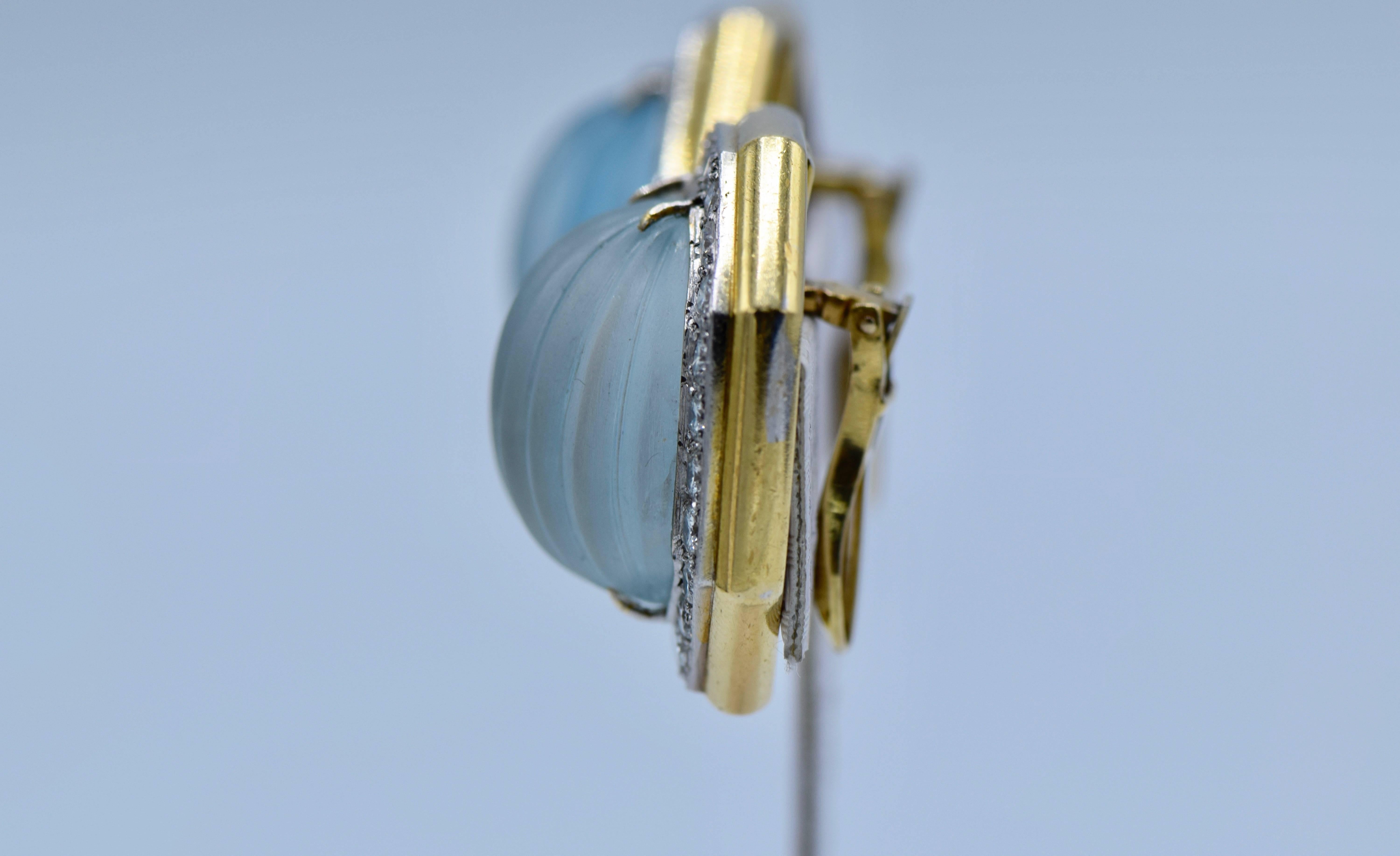 Contemporary Wander, France, Gold Platinum, Frosted Carved Aquamarine and Diamond Clip-On For Sale