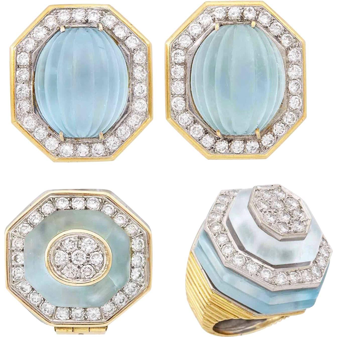 Wander, France, Gold Platinum, Frosted Carved Aquamarine and Diamond Clip-On