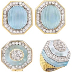 Antique Wander, France, Gold Platinum, Frosted Carved Aquamarine and Diamond Clip-On