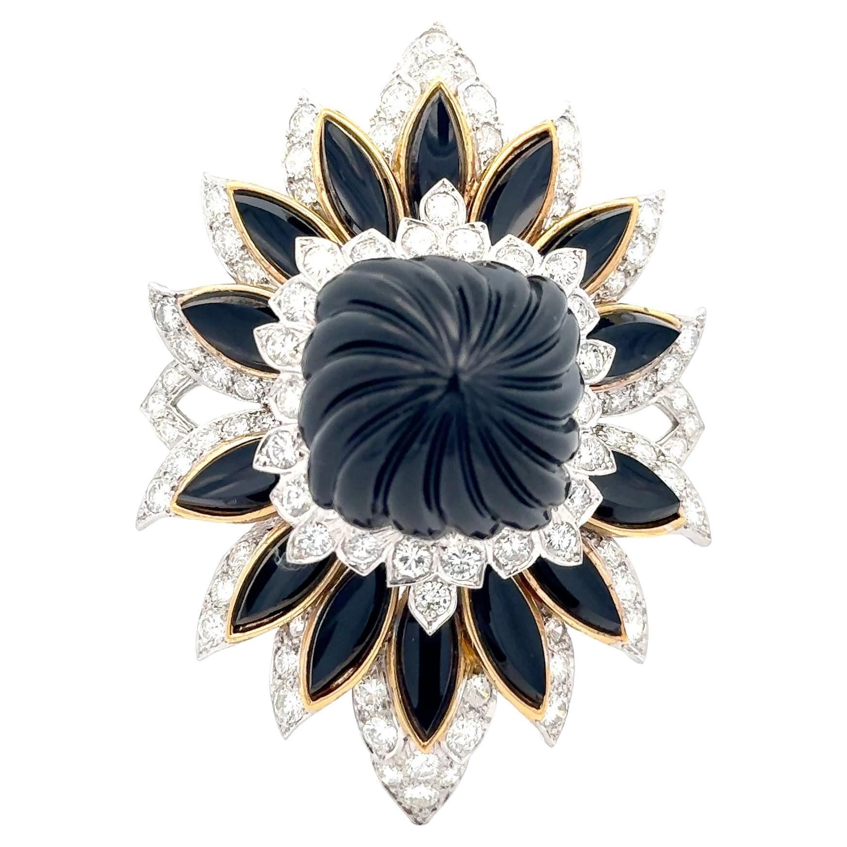 Wander France Onyx & Diamond Brooch/Pendant 18K Yellow & White Gold