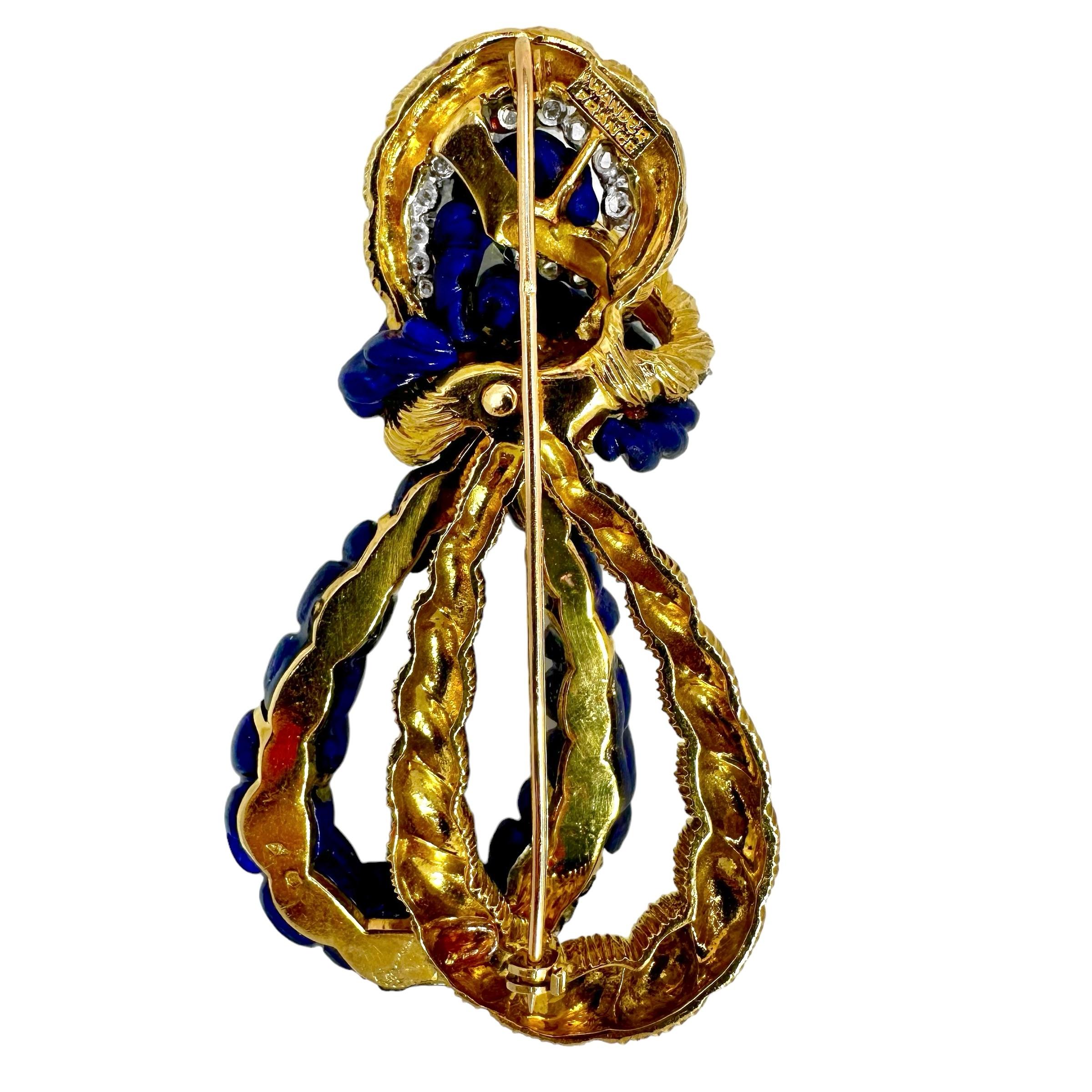 Wander France Yellow Gold Knot Brooch with Diamonds and Lapis Lazuli In Good Condition For Sale In Palm Beach, FL