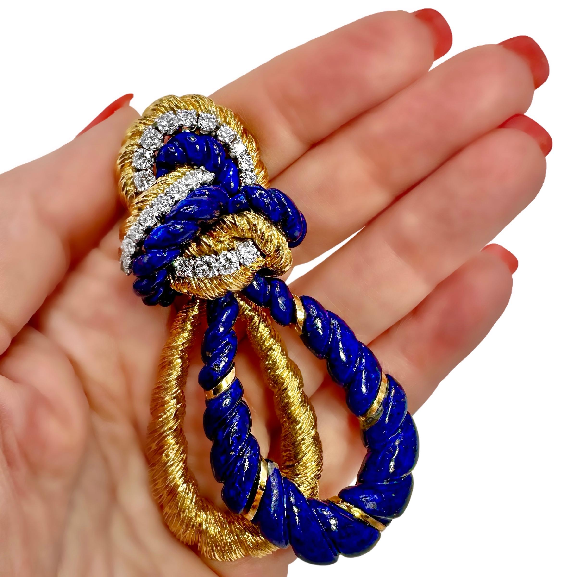 Wander France Yellow Gold Knot Brooch with Diamonds and Lapis Lazuli For Sale 4