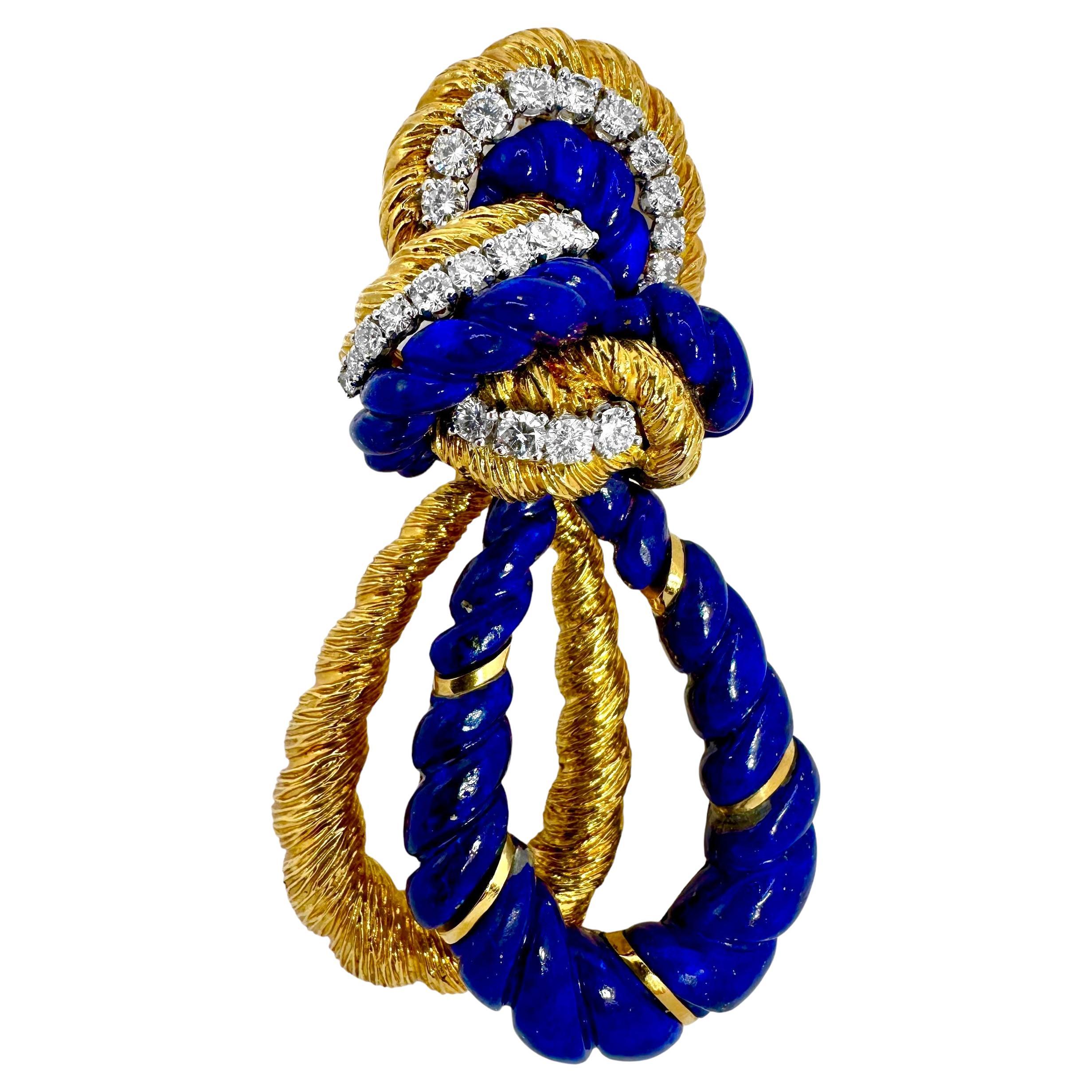 Wander France Yellow Gold Knot Brooch with Diamonds and Lapis Lazuli For Sale