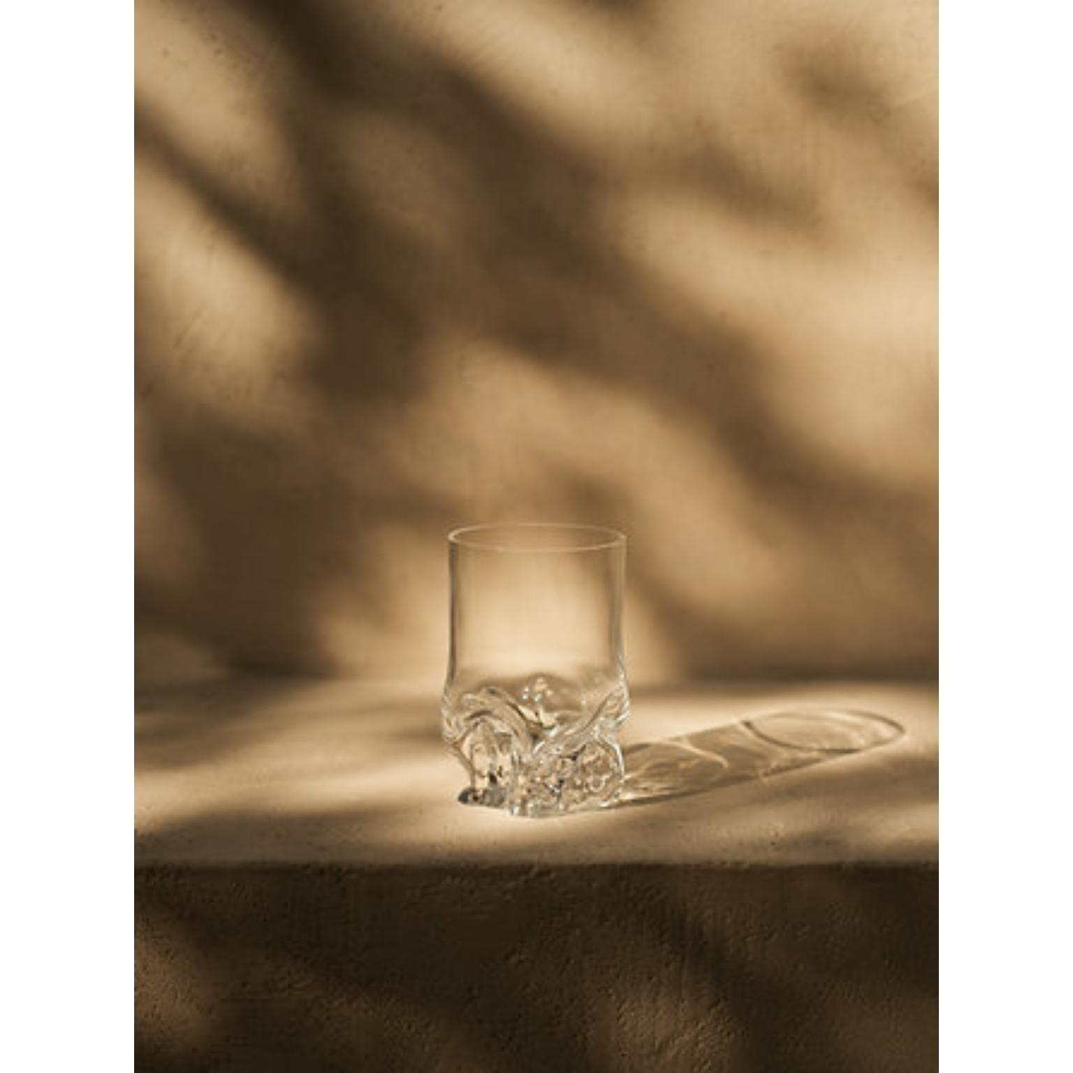 Wander Tumbler Glass by Milena Kling
Unique Piece.
Dimensions: Ø 8,5 x H 12-13 cm. 
Materials: Mouth-blown crystal glass.

Individual glassware edition in crystal glass. Each WANDER tumbler is
mouth-blown into wild stones; the base of each glass