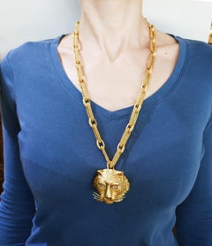 Wander Yellow Gold Leo Pendant Necklace Pin Brooch Zodiac Lion Link Chain, 1970s