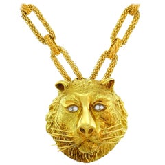 Wander Yellow Gold Leo Pendant Necklace Pin Brooch Zodiac Lion Link Chain, 1970s