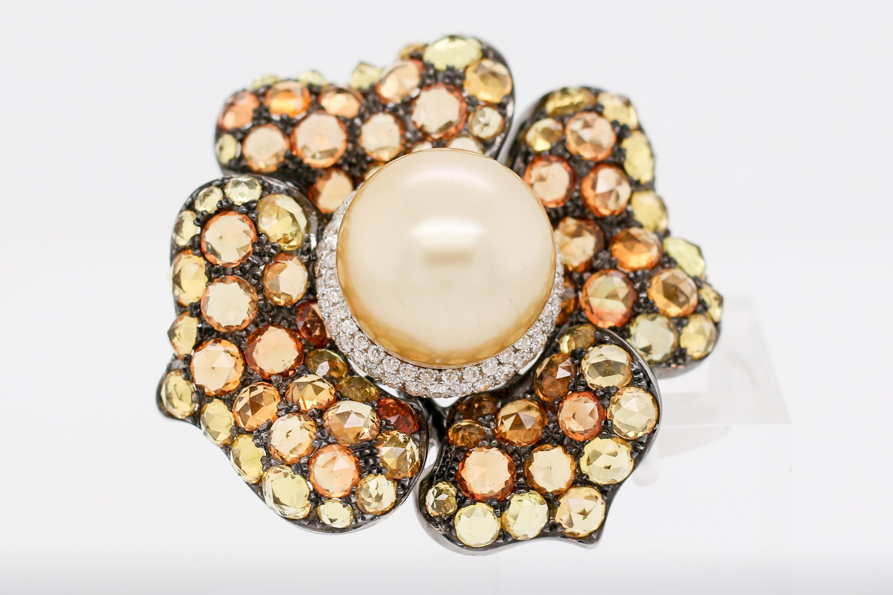 Wander 18K Yellow Gold Flower Pin Pendant with Golden Pearl, Diamonds, Yellow Sapphires and Citrines.  