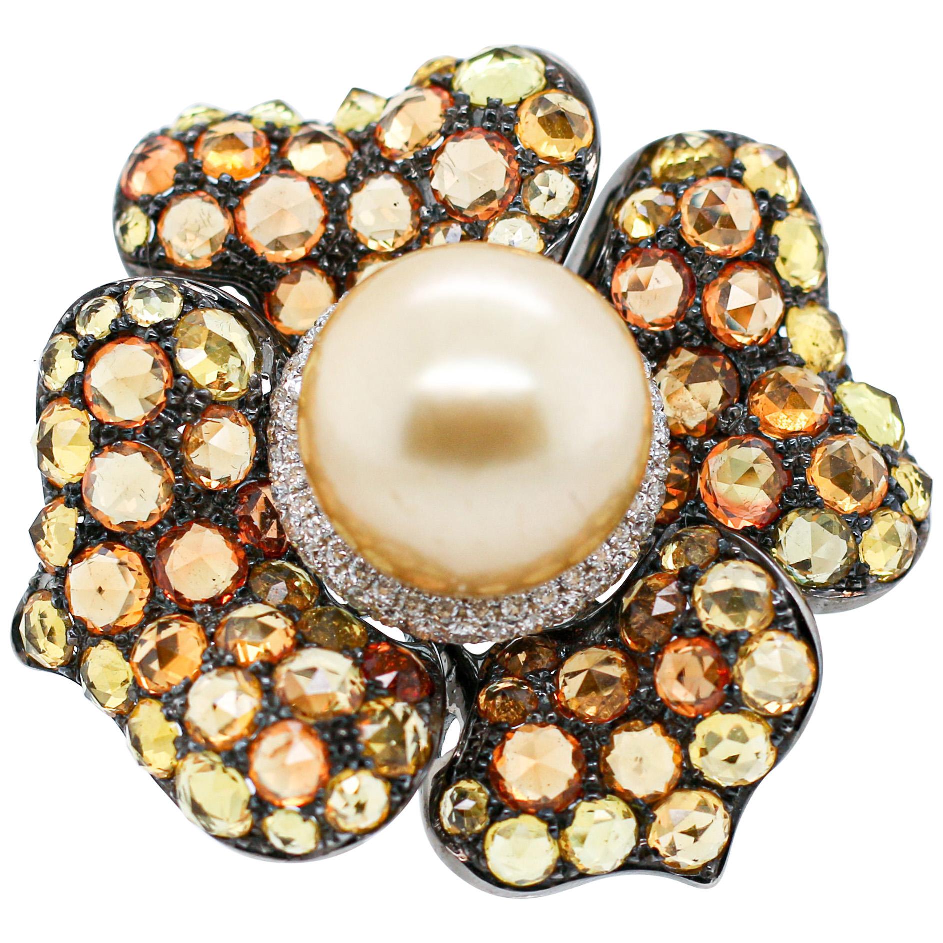 Wander Yellow Gold Pearl Diamond Yellow Sapphire Citrine Flower Pin