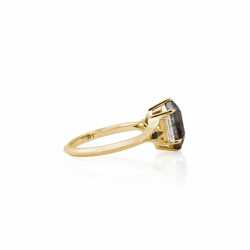 WANDERLUST 14K Gold Salt and Pepper Baguette Diamond Ring by Viviana Langhoff.

14K Yellow Gold ring with 1.45 salt + pepper rose cut hexagon diamond flanked by a 6x2mm FG/VS quality baguette cut diamond on either side + .018ctw round black melee