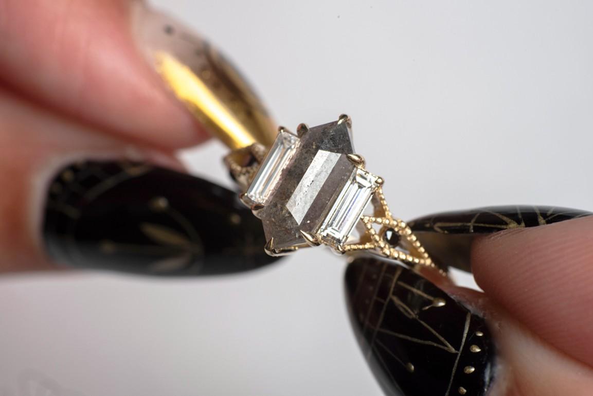 Wanderlust 14K Gold Salt and Pepper Baguette Diamond Ring by Viviana Langhoff For Sale 1