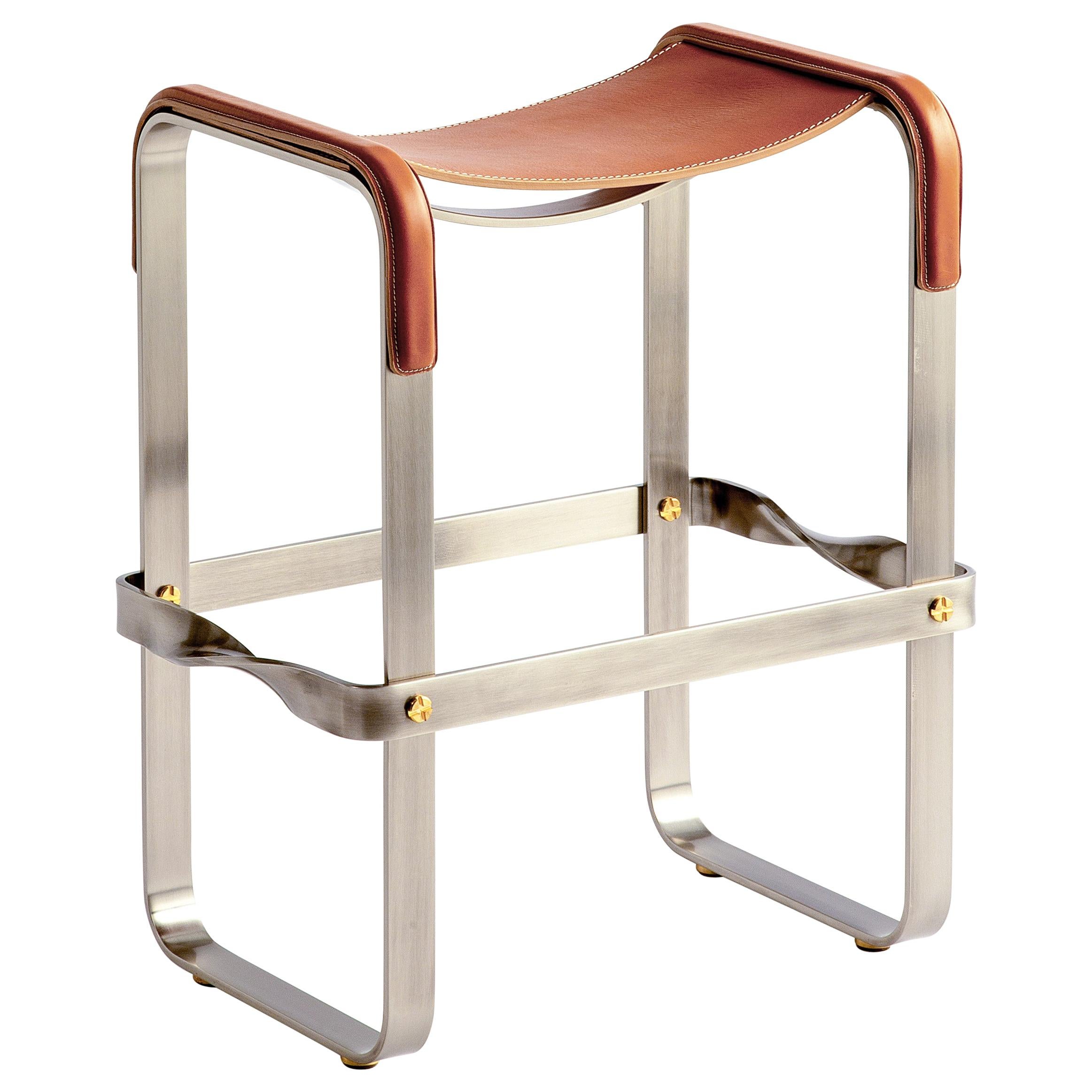 Taburete de barra de cocina contemporáneo Acero viejo plateado Cuero natural tabaco