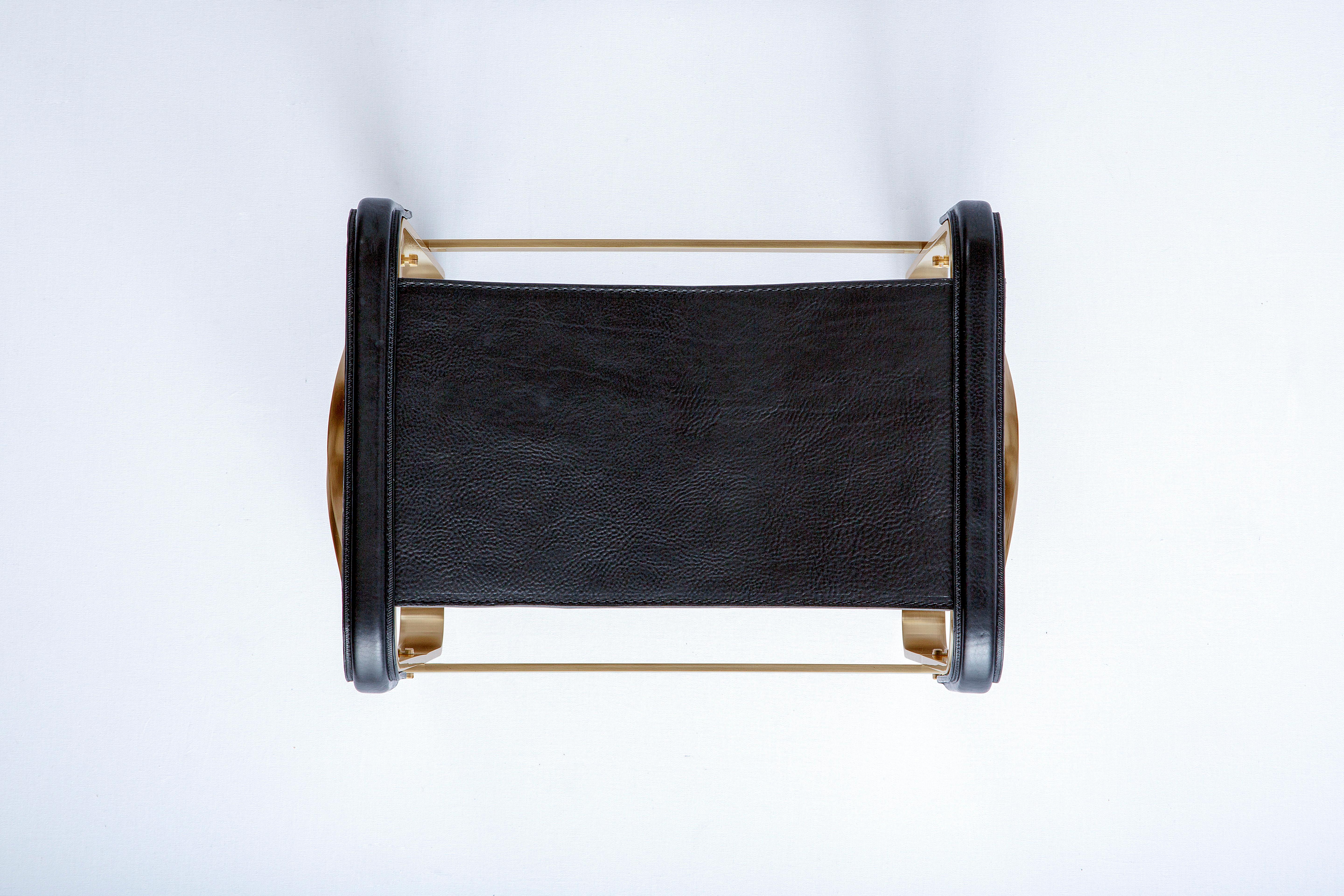 Vegetable Dyed Footstool Aged Brass Steel & Black Leather, Modern Style, Wanderlust For Sale