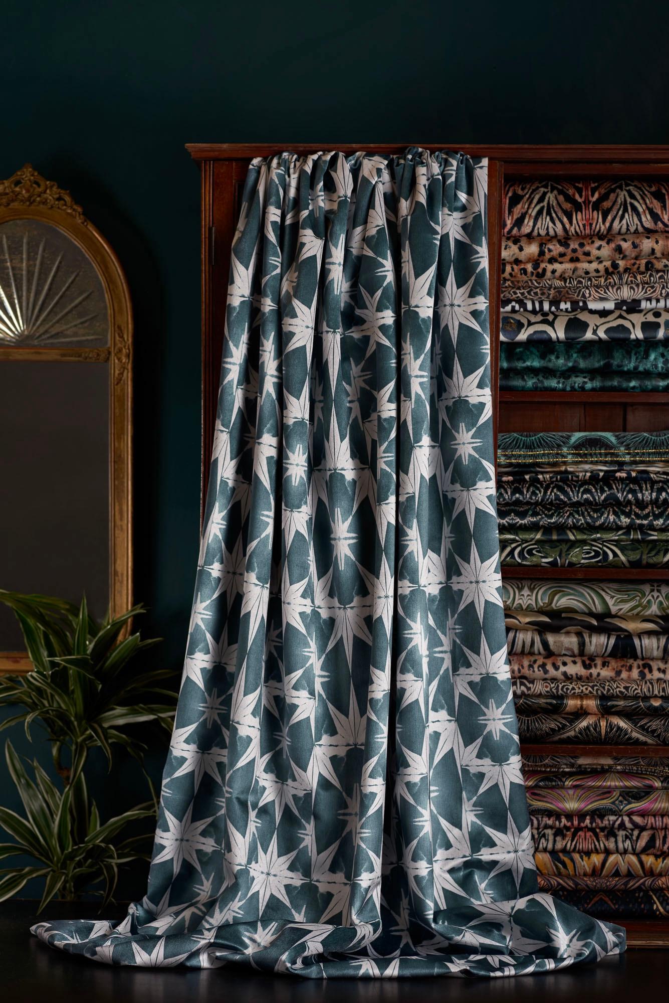 In tones of soft teal and white, our Wanderlust design is inspired by Moroccan tiles.

This velvet is midweight, with a strong straight woven backing, so is suitable for upholstery, but is also light enough for curtains and cushions.

Measures: