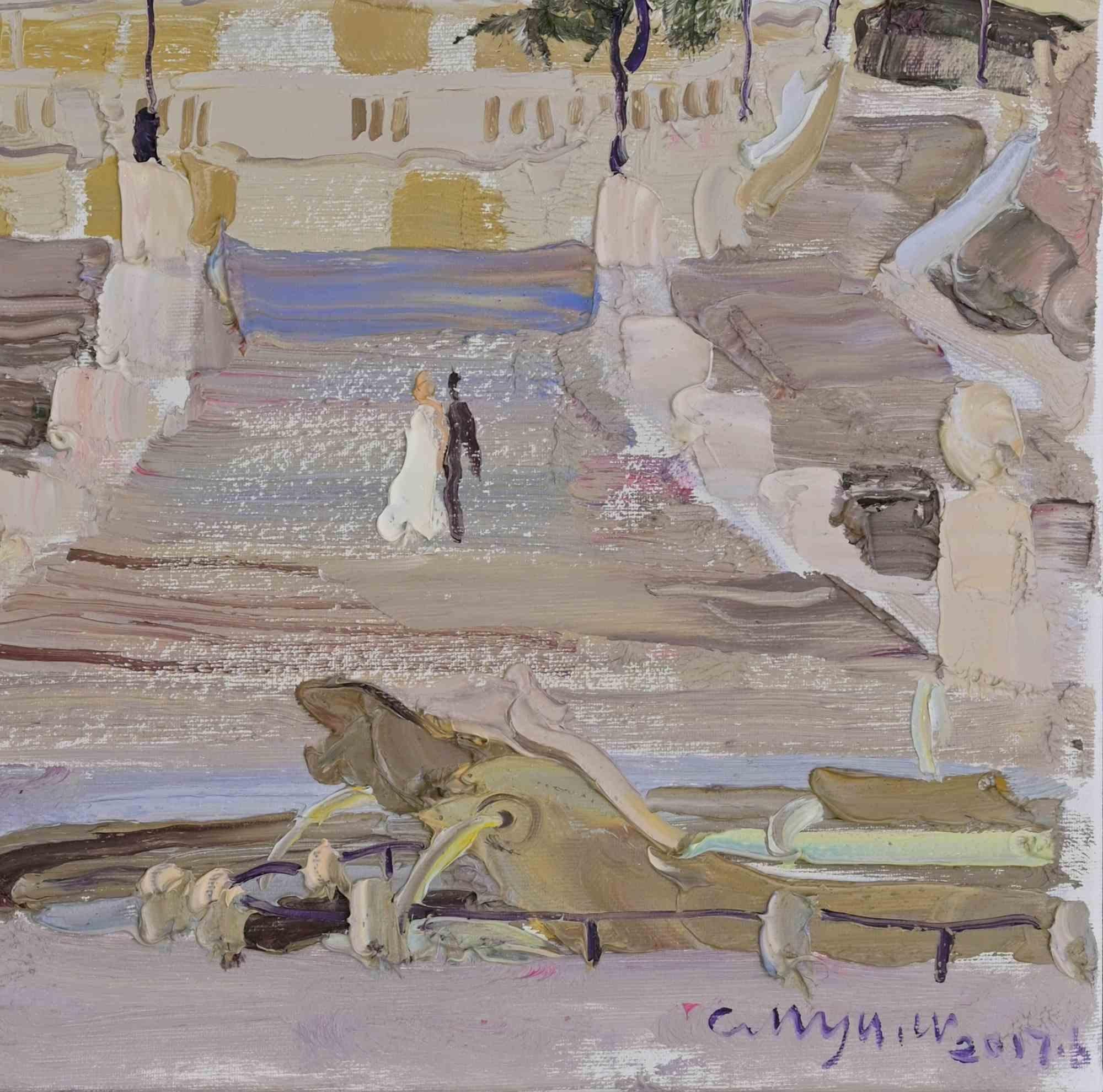 View of the Stairs in Piazza di Spagna, Rome - Paint - 2017 - Contemporary Painting by Wang Cun Yu