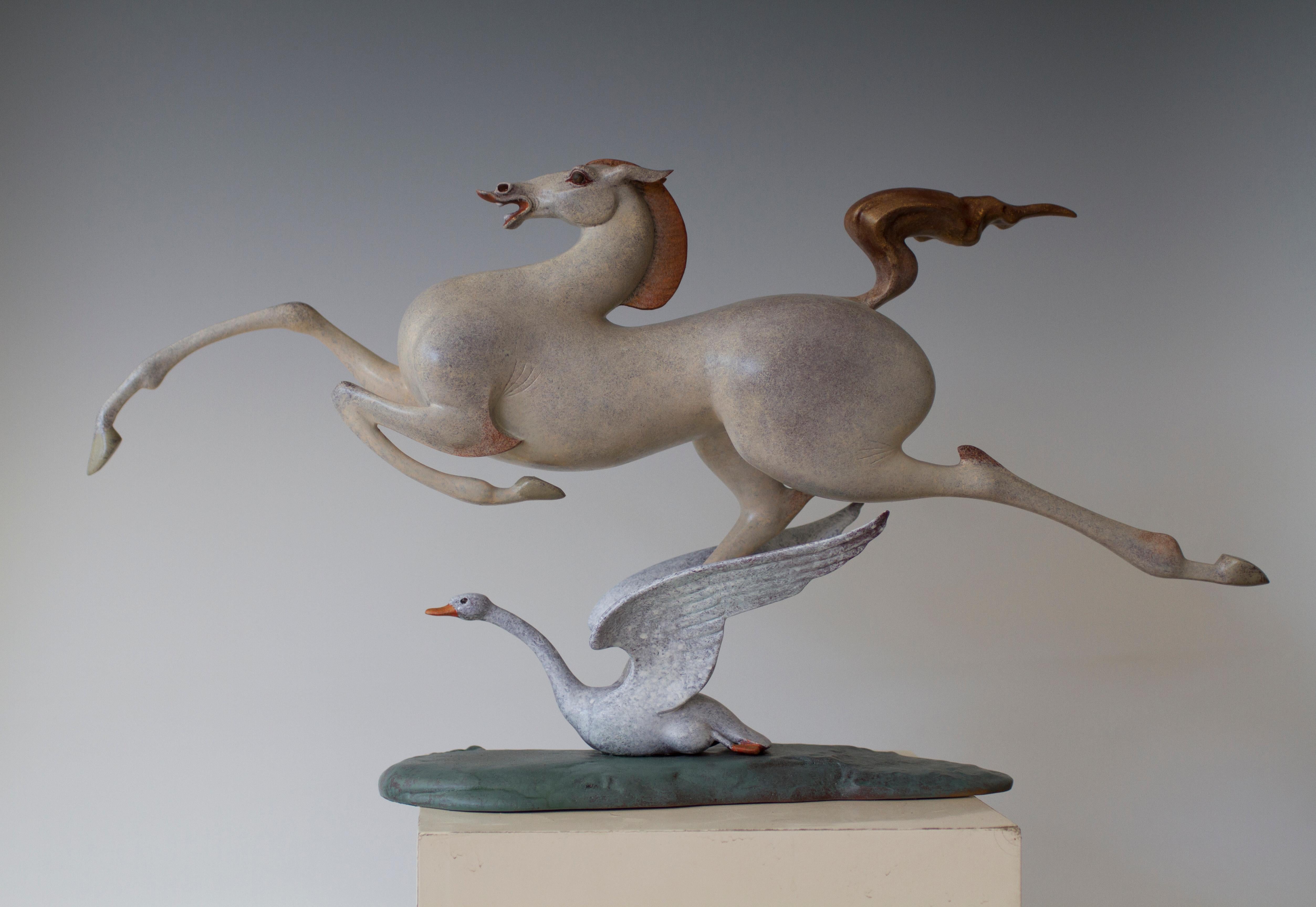 Wang Dapeng  Figurative Sculpture - Contemporary Animal Sculpture-  The grace of ""a startled swan"