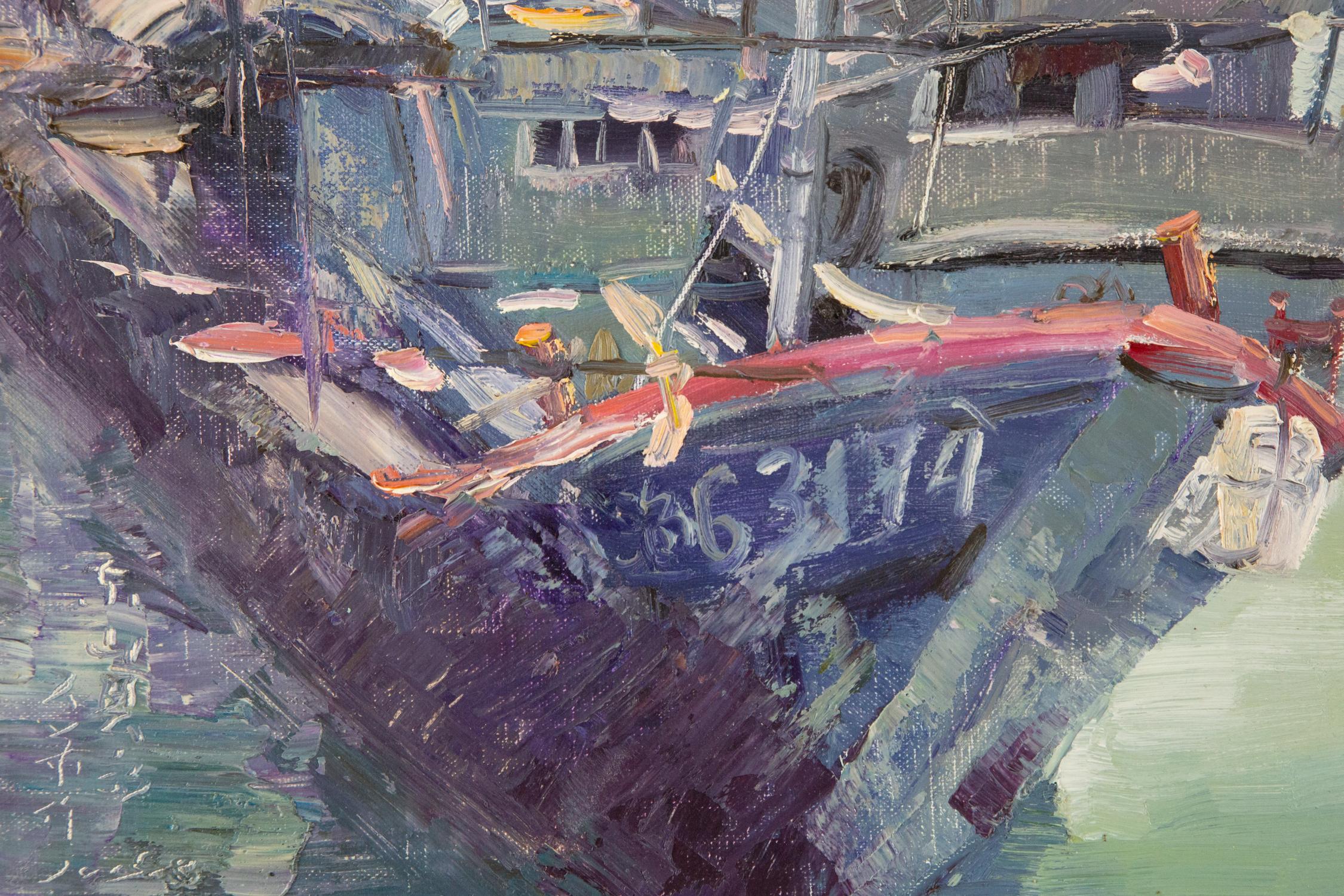 Peinture à l'huile originale Harbor de Wang Huimin, paysage aquatique en vente 2