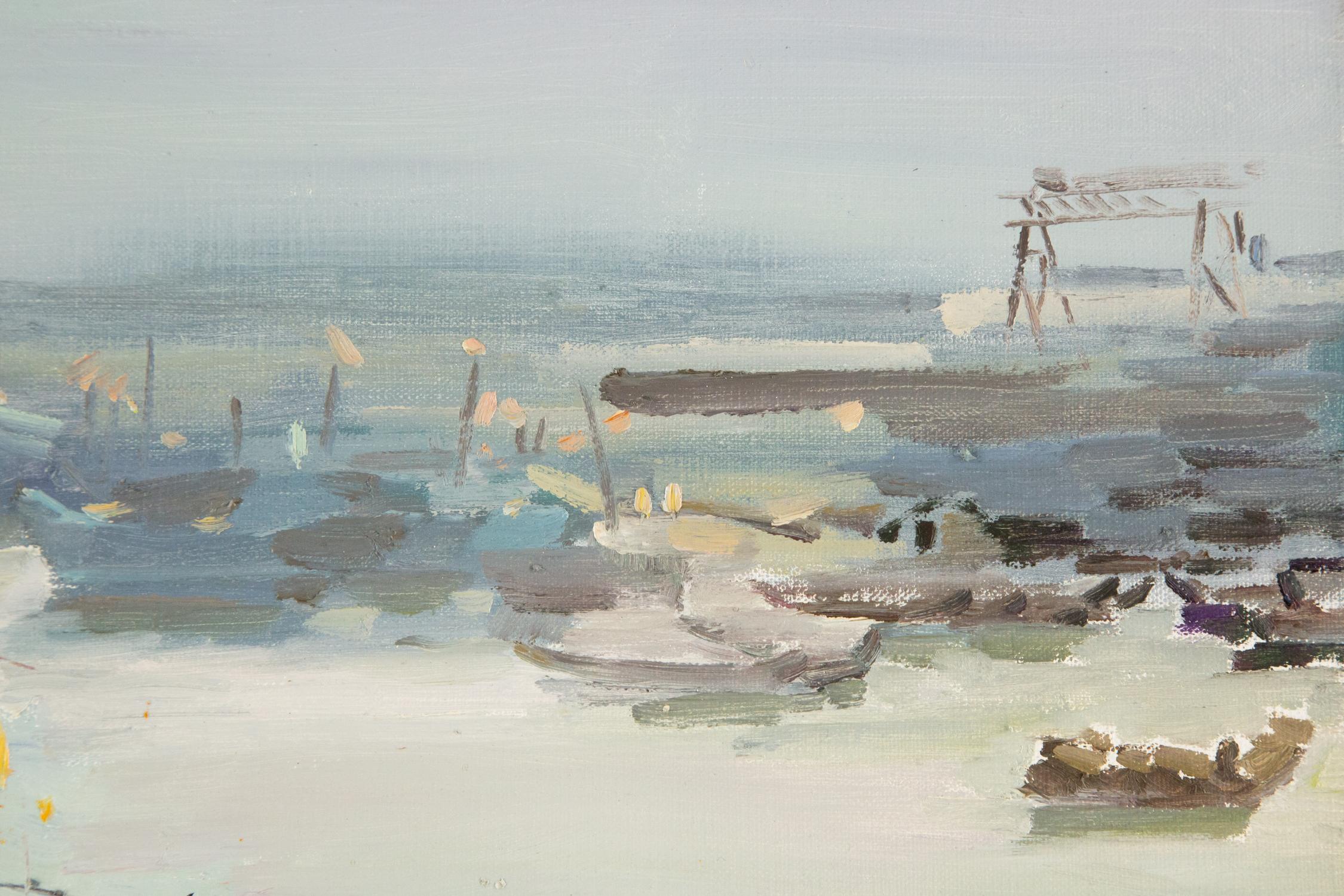 Peinture à l'huile originale Harbor de Wang Huimin, paysage aquatique en vente 3