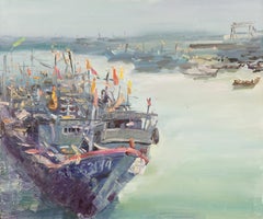Peinture à l'huile originale Harbor de Wang Huimin, paysage aquatique