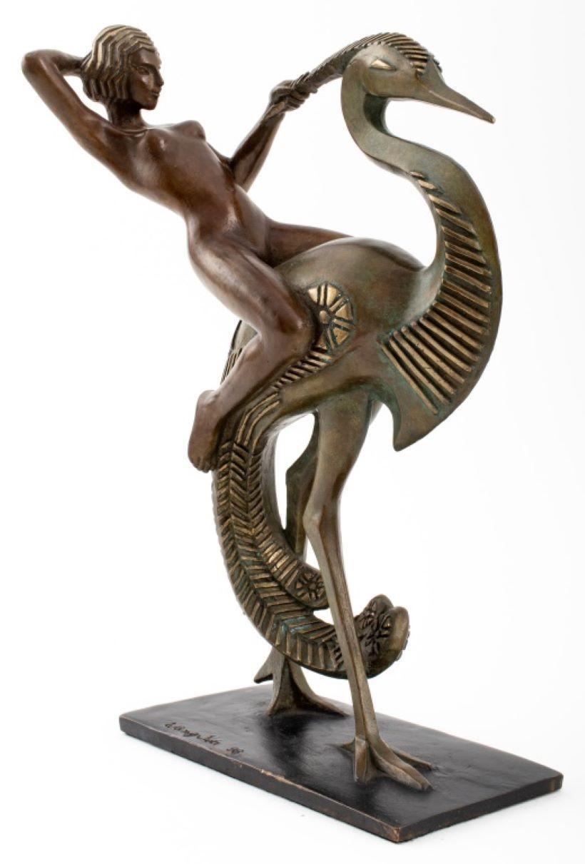 20ième siècle Bronze « Woman Riding a Heron » de Wang Jida, 1988 en vente