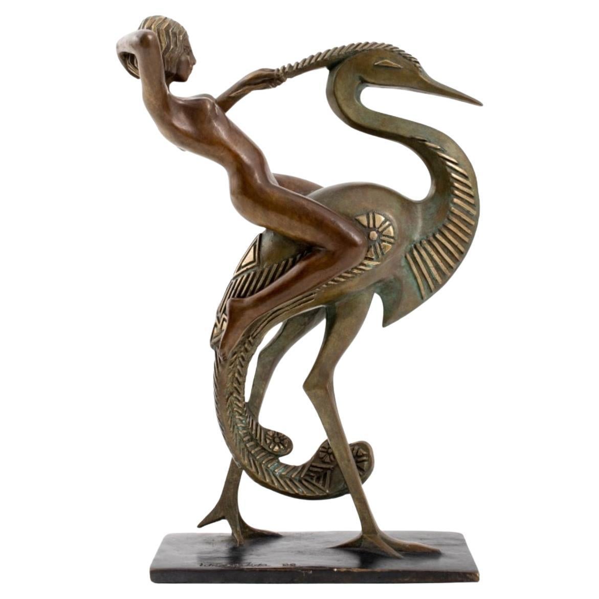 Wang Jida "Woman Riding a Heron" Bronze, 1988 For Sale