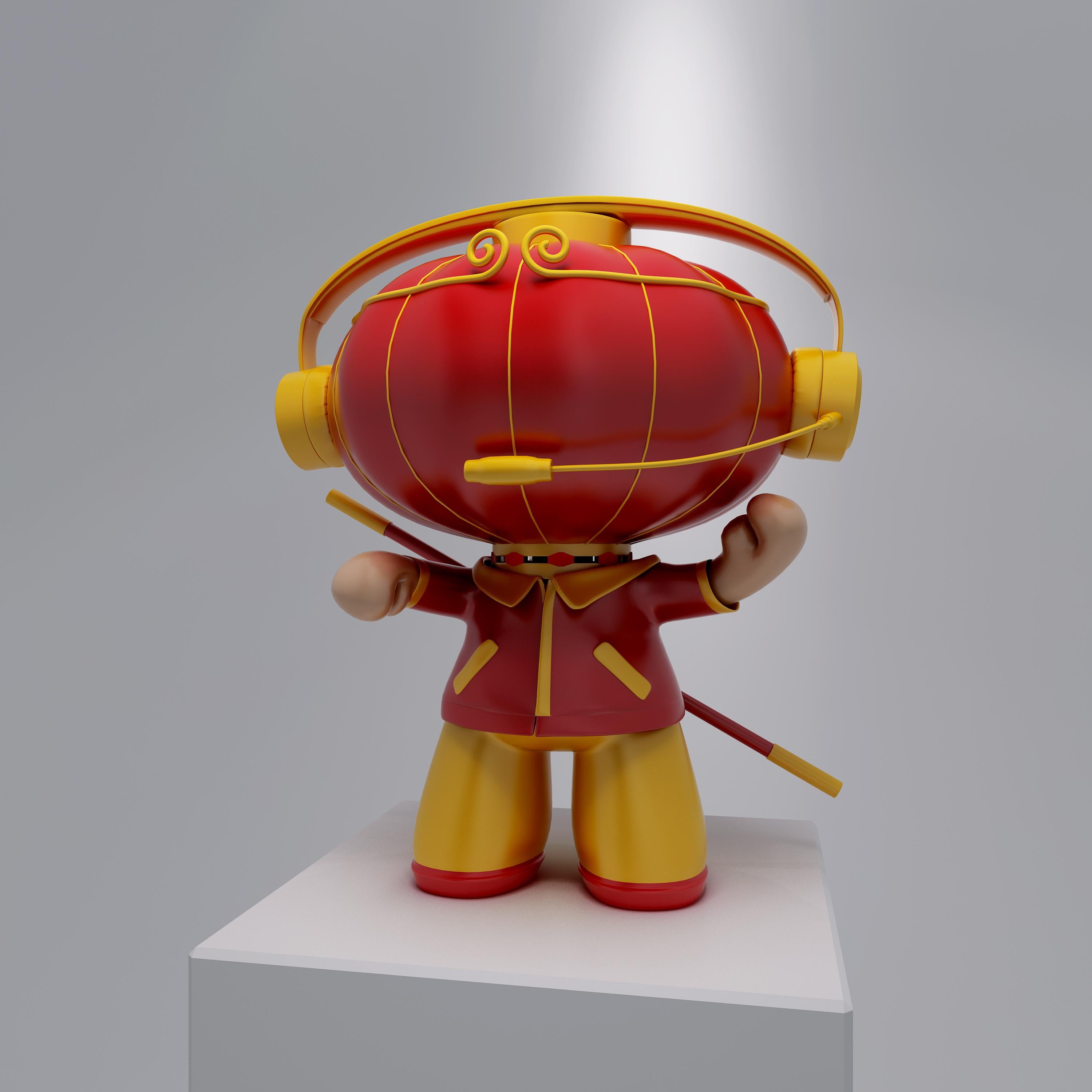 Wang Ninghua Figurative Sculpture - Pop Art Trendy Art Sculpture: A Chinese Red Lantern Monkey with Headset