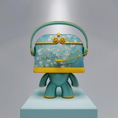 Pop Sculpture: Van Gogh Almond Blossom Green Leather Handbag Monkey