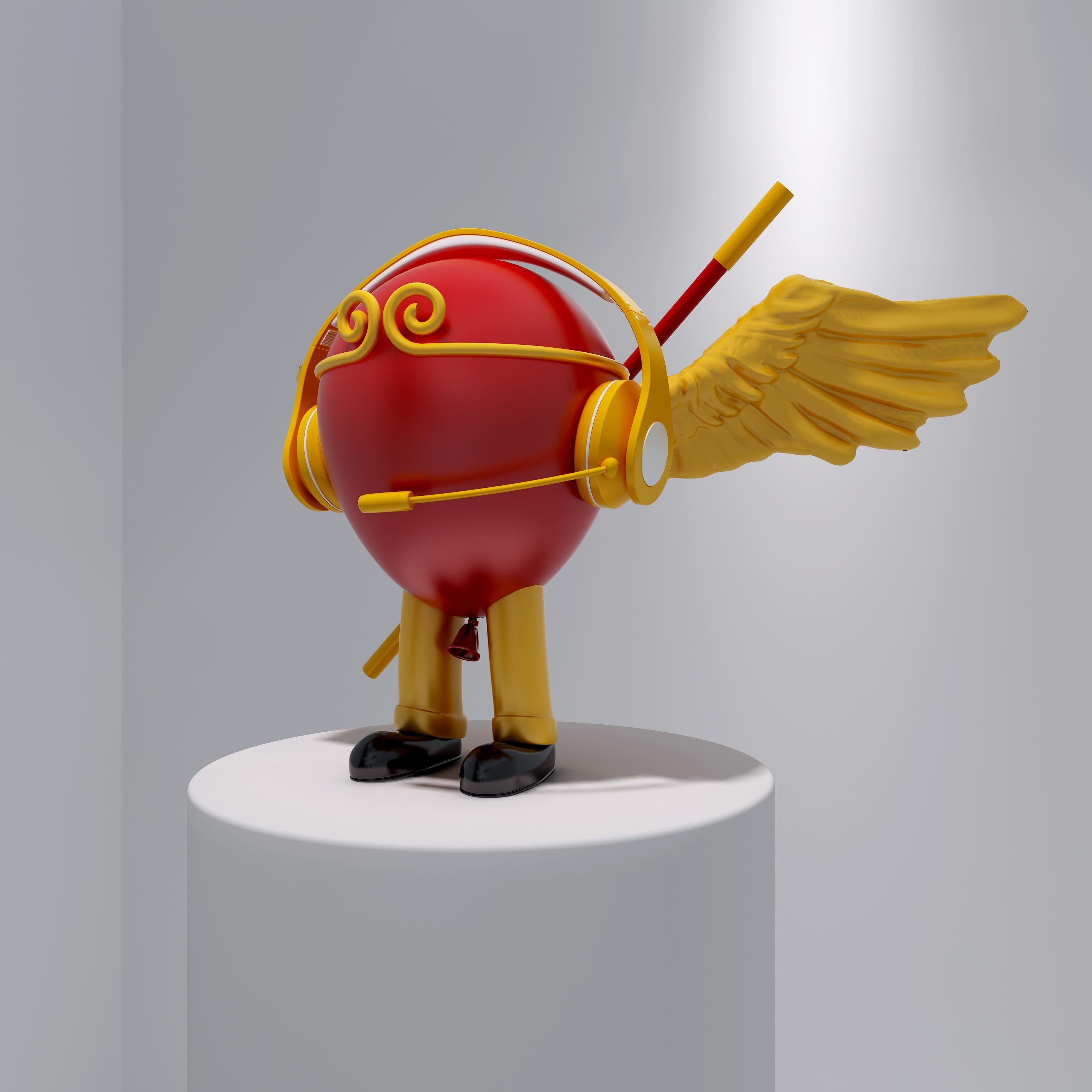 Pop Trendy Art: Red Color Balloon Angel with Wings & Headset Monkey - Sculpture by Wang Ninghua