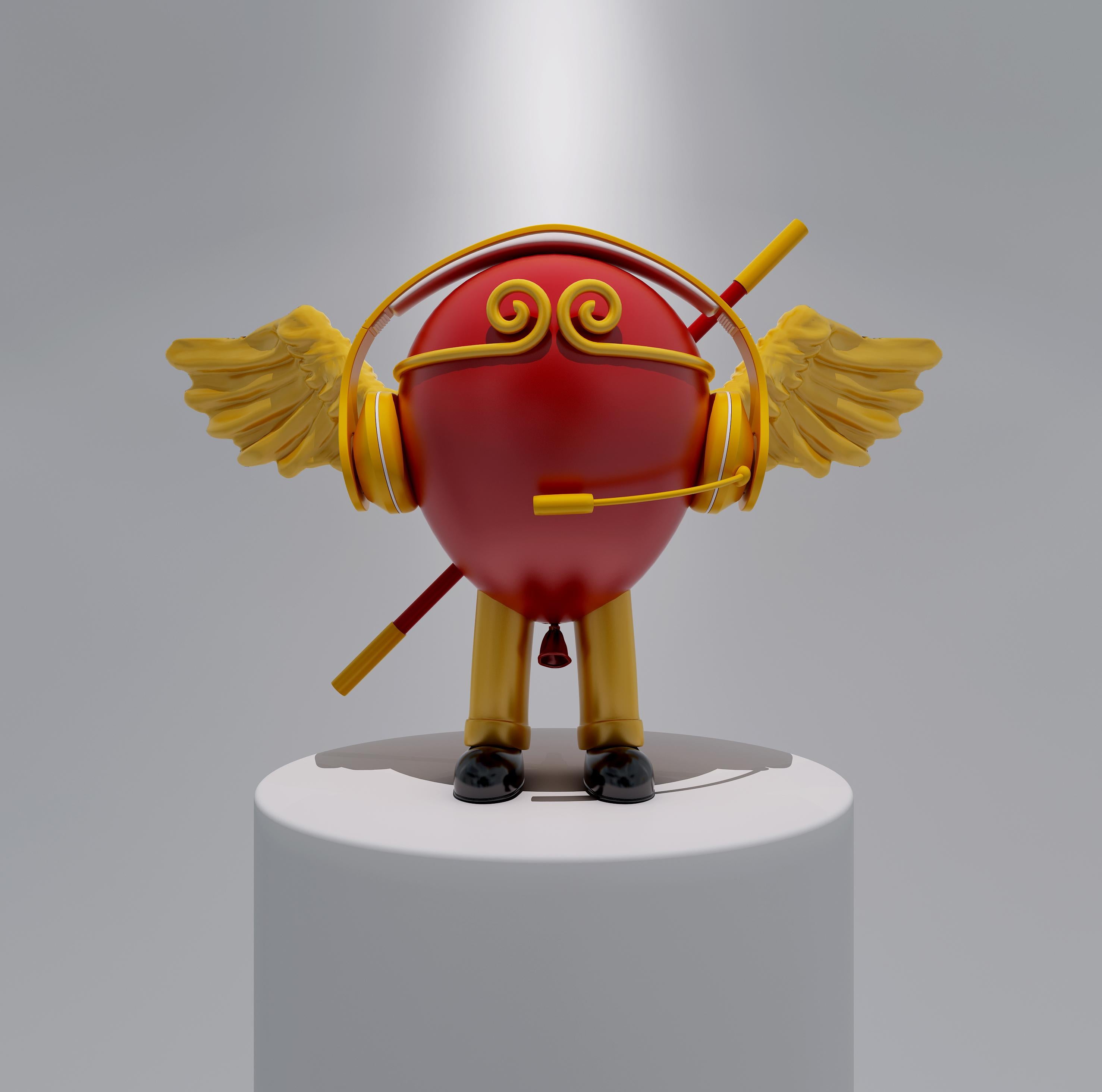 Wang Ninghua Figurative Sculpture - Pop Trendy Art: Red Color Balloon Angel with Wings 
Headset Monkey