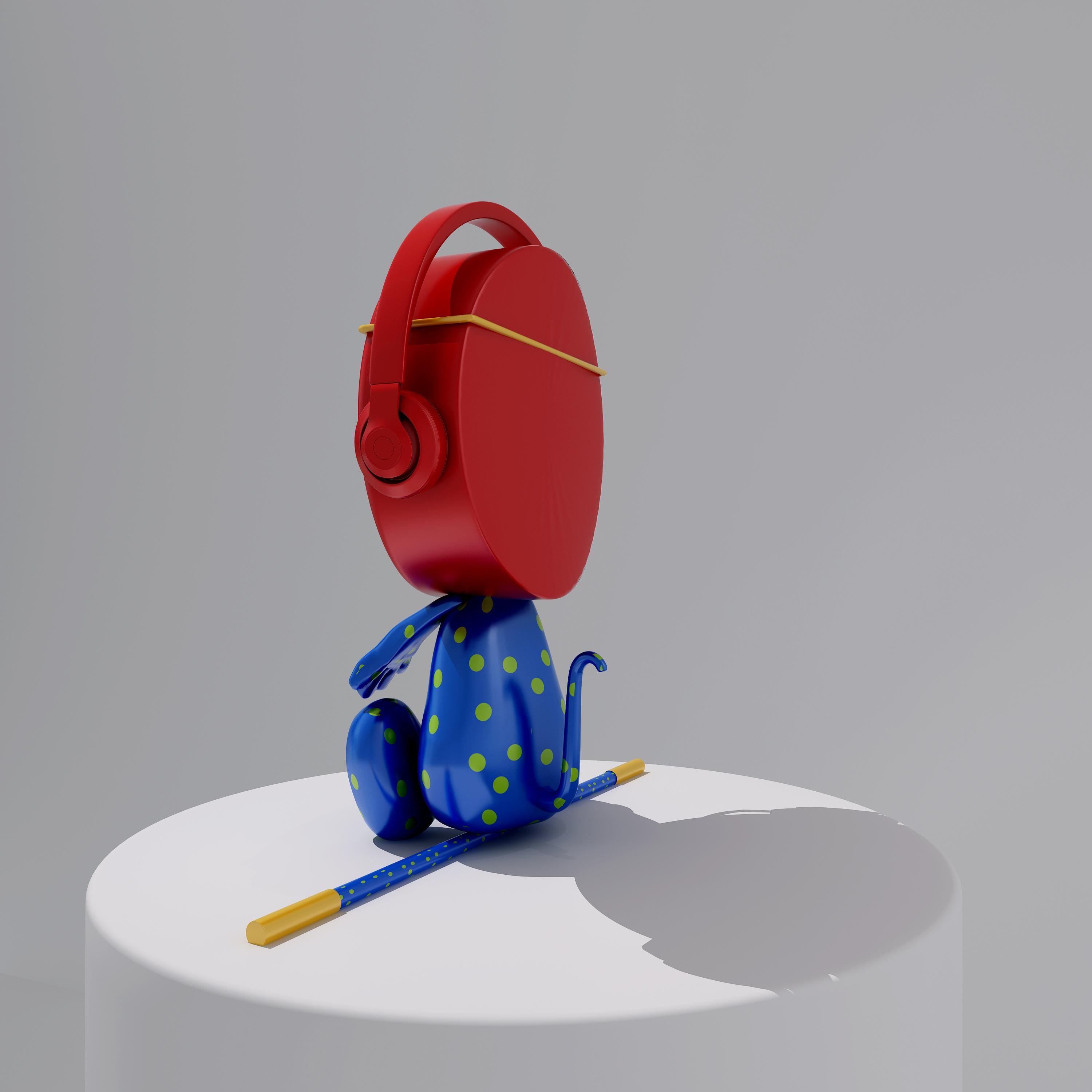 Limited Edition Pop Trendy Art Sculpture: Clock Blue & Red Color Monkey King - Gray Figurative Sculpture by Wang Ninghua
