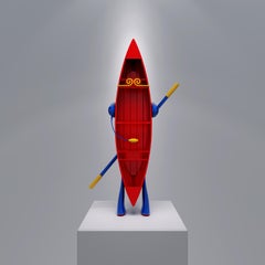 Pop Trendy Art Sculpture: Red Color Ship Boat Figure Monkey King